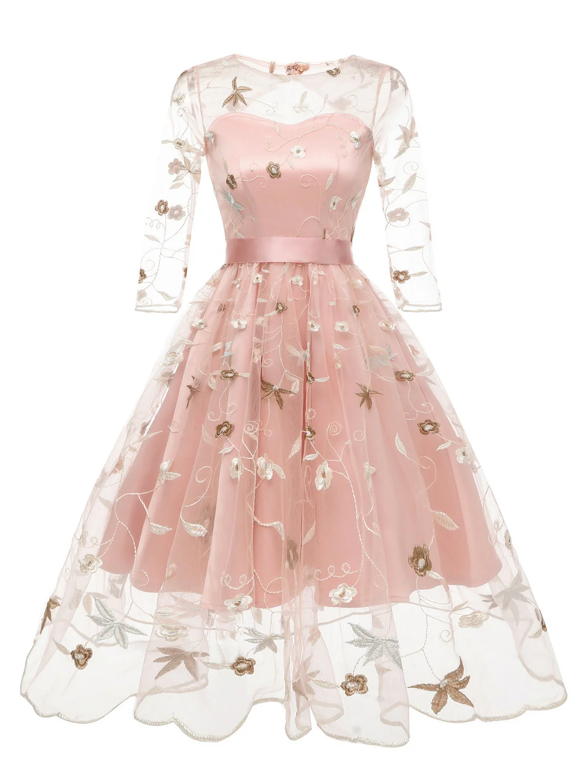 3/4 Sleeve 1950s Floral Embroidery Dress - Image 6