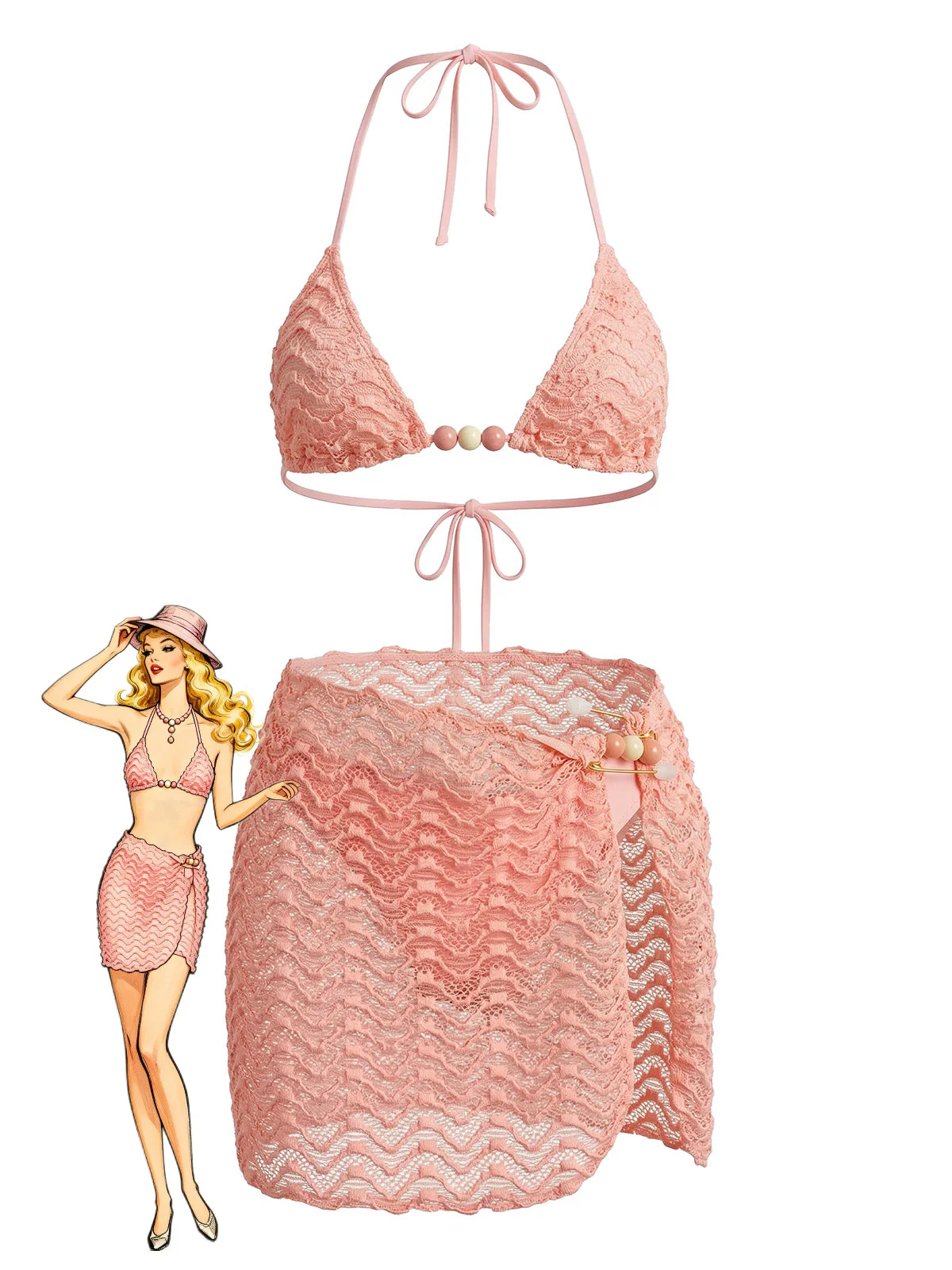 3PCS 1950s Beaded Halter Pleated Bikini Set & Cover-Up