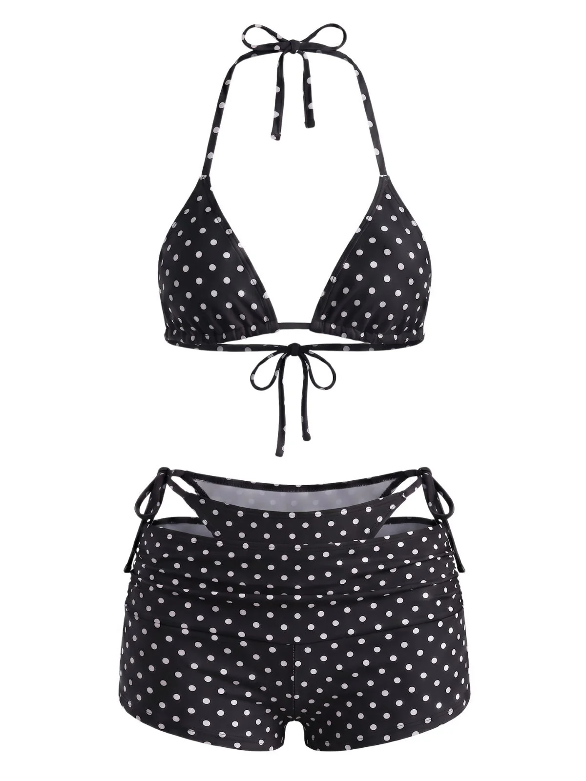 3PCS 1950s Polka Dot Halter Tie Shorts Bikini Set - Image 12