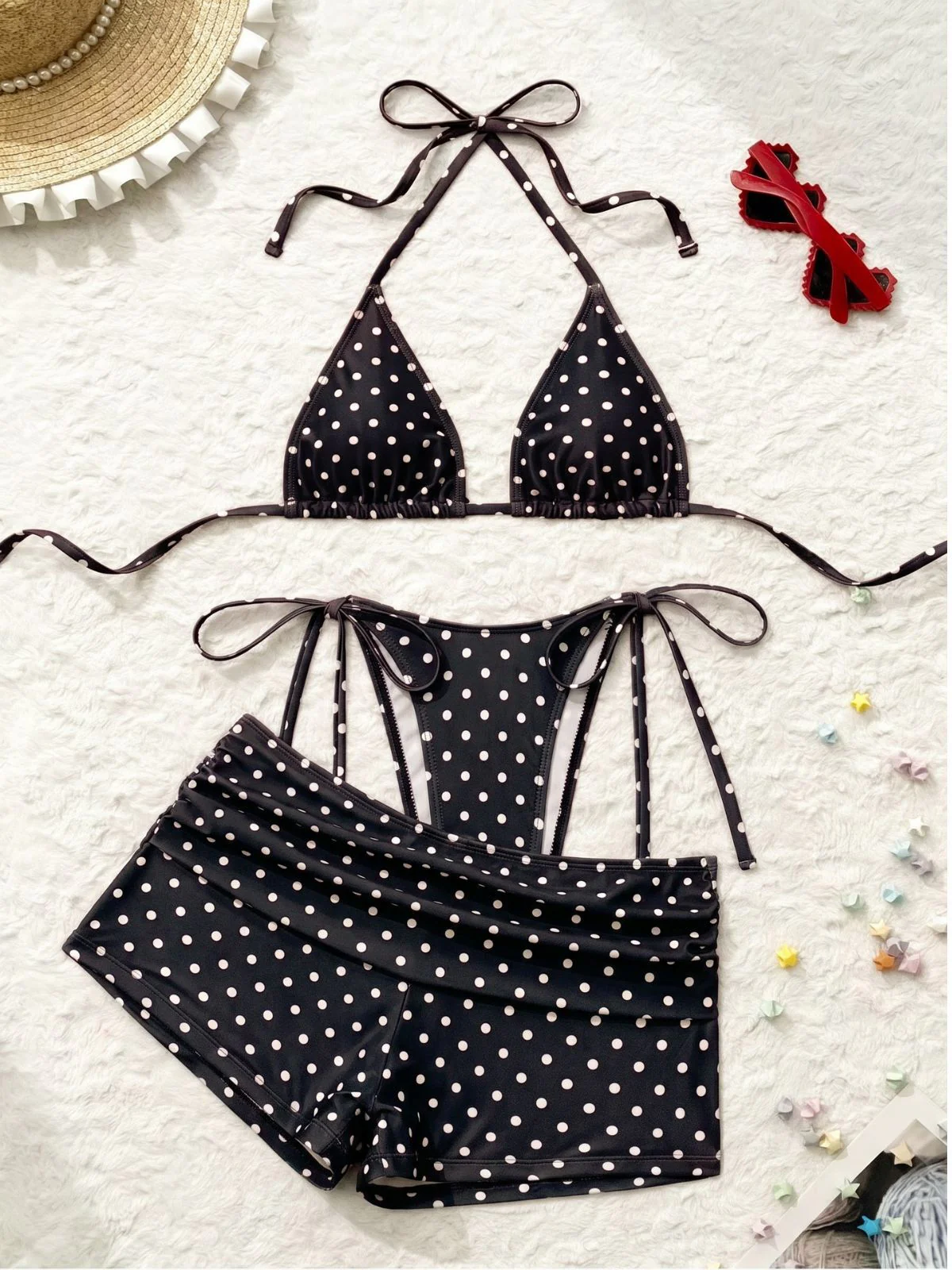 3PCS 1950s Polka Dot Halter Tie Shorts Bikini Set - Image 14