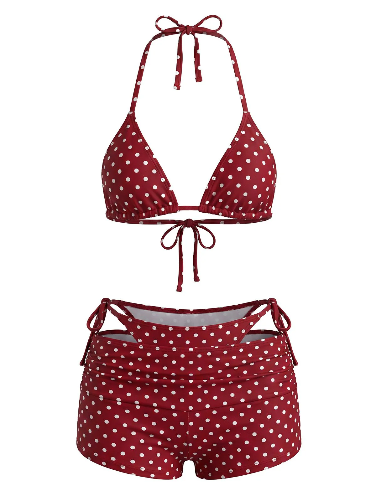 3PCS 1950s Polka Dot Halter Tie Shorts Bikini Set - Image 2