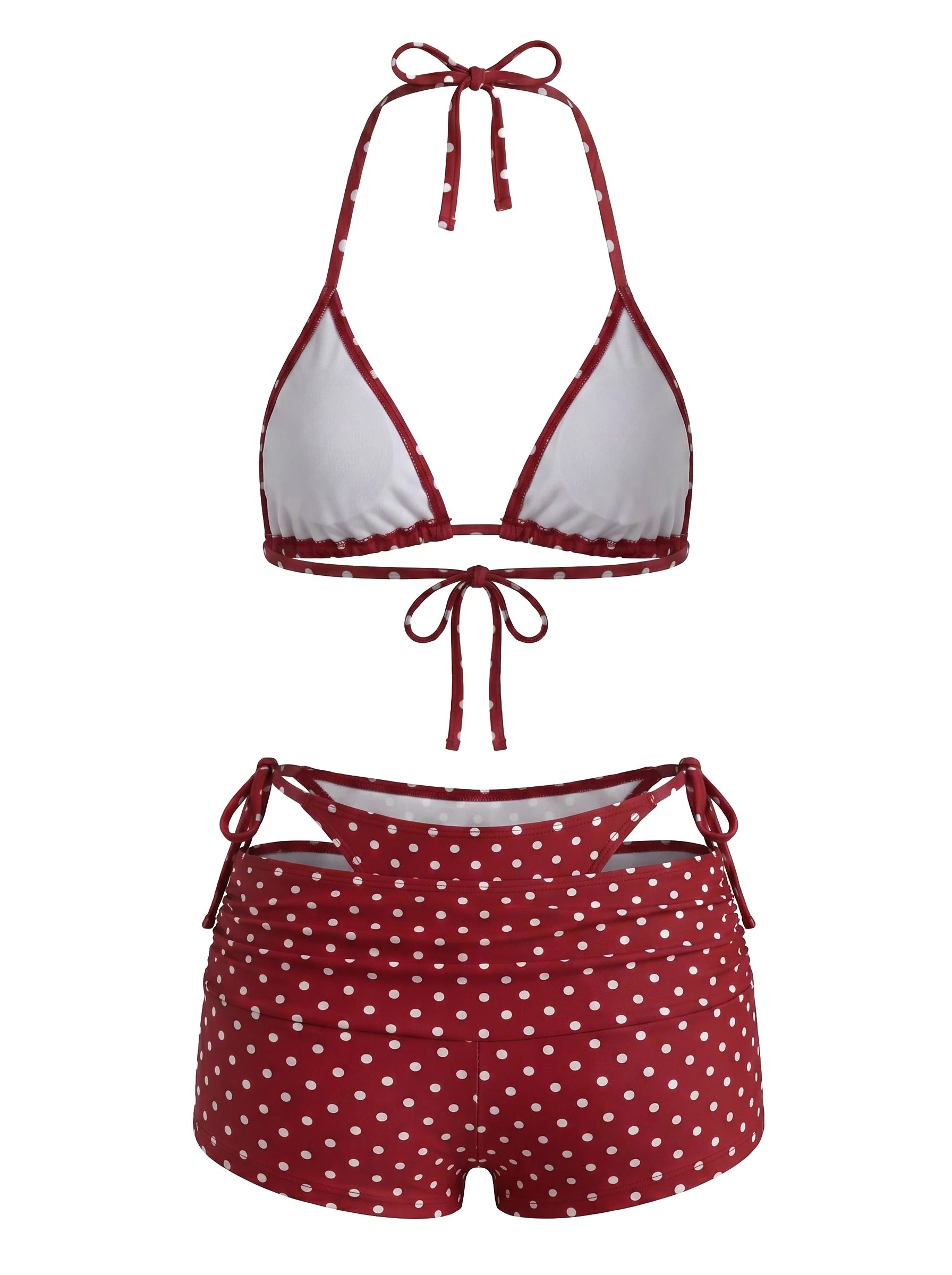 3PCS 1950s Polka Dot Halter Tie Shorts Bikini Set - Image 3
