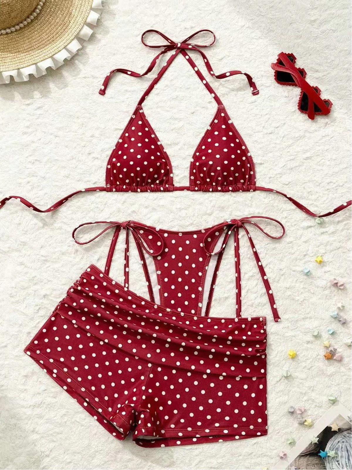 3PCS 1950s Polka Dot Halter Tie Shorts Bikini Set - Image 4