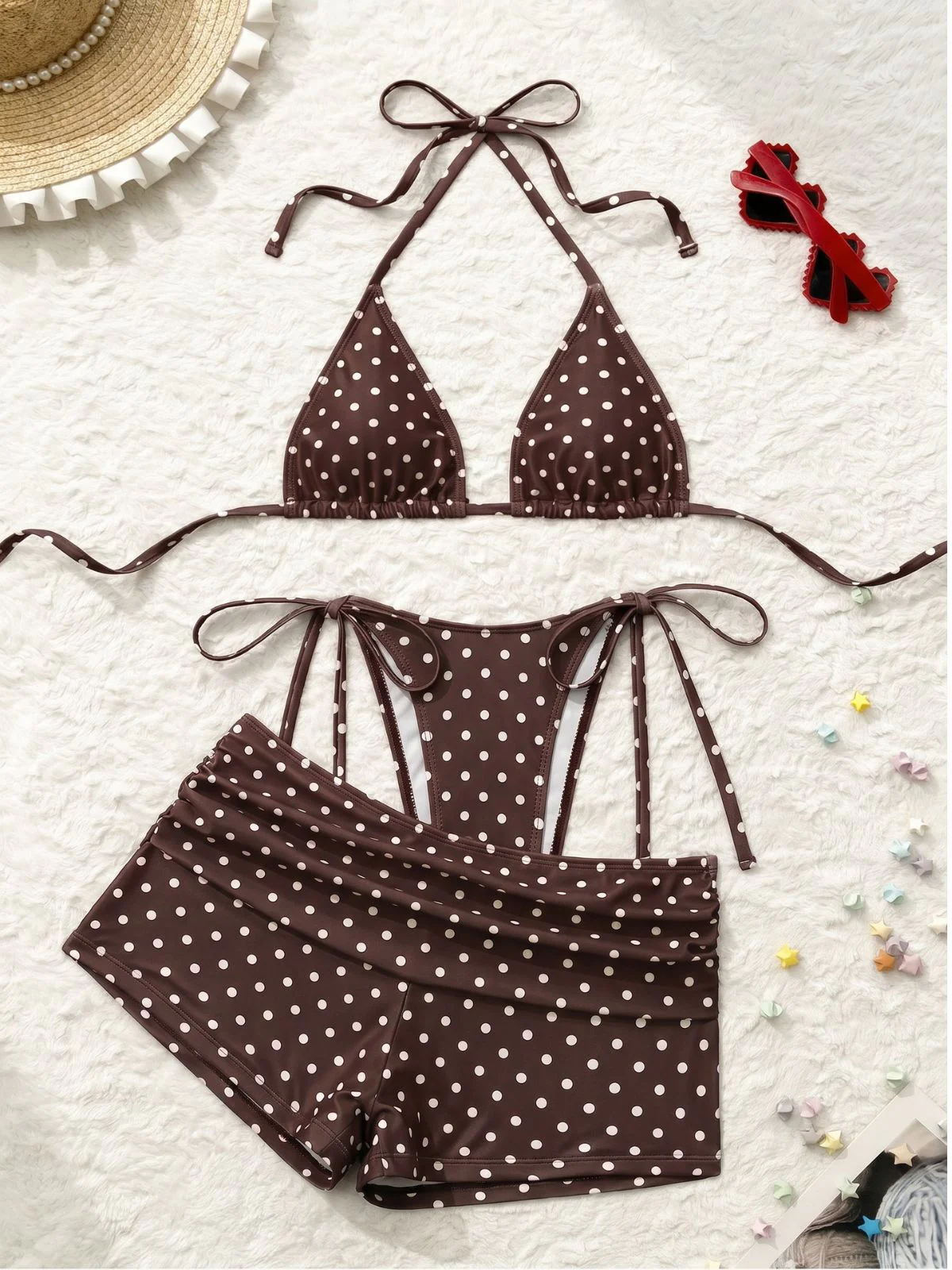 3PCS 1950s Polka Dot Halter Tie Shorts Bikini Set - Image 9