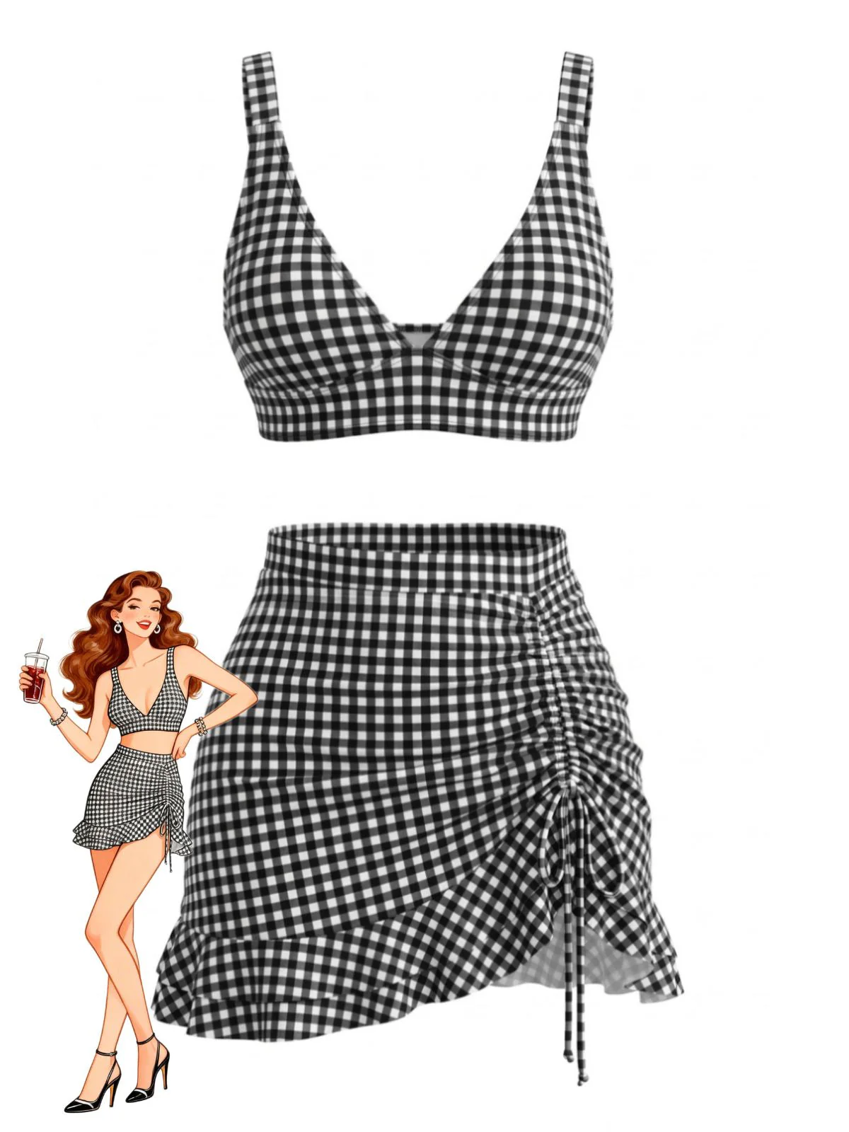 3PCS 1950s Ruffled Hem Plaid Drawstring Tankini Set