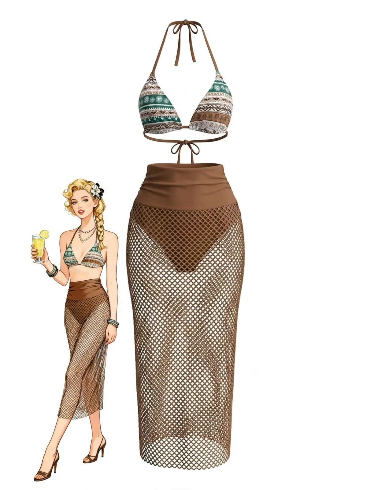 3PCS 1980s Boho Style Bikini Set & Cover-Up