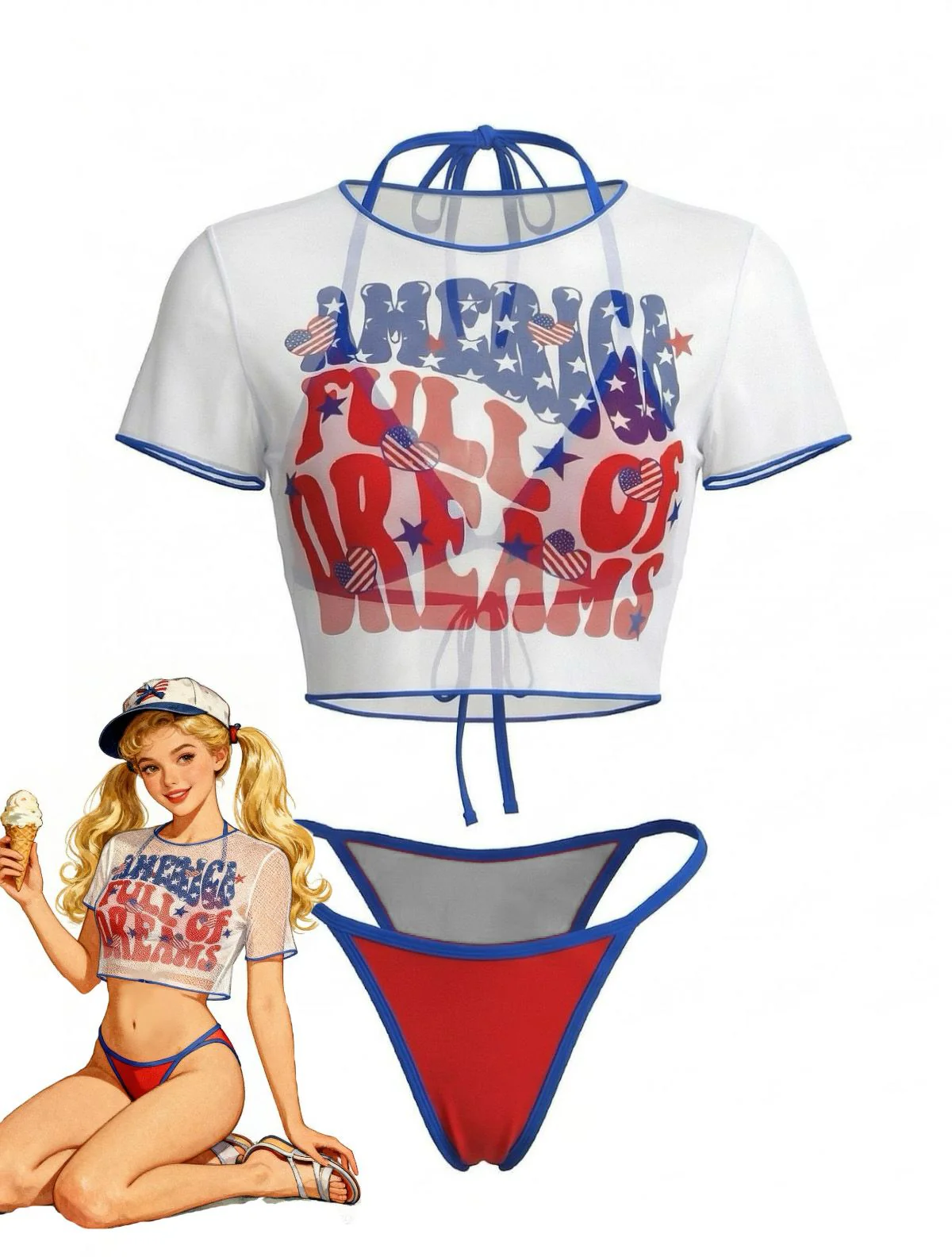 3PCS 1980s Patriotic Graphic Mesh Crop Top & Bikini Set