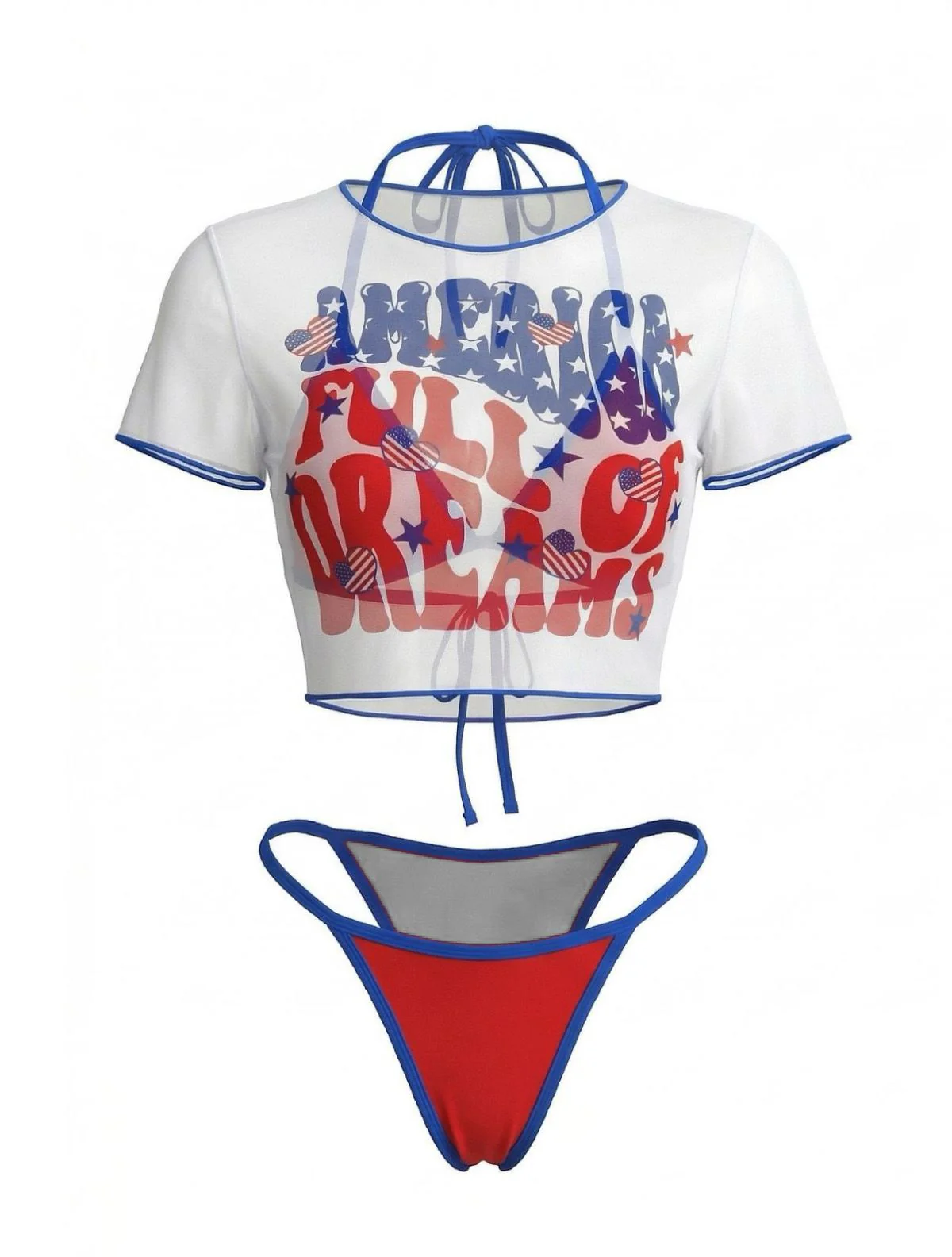 3PCS 1980s Patriotic Graphic Mesh Crop Top & Bikini Set - Image 2