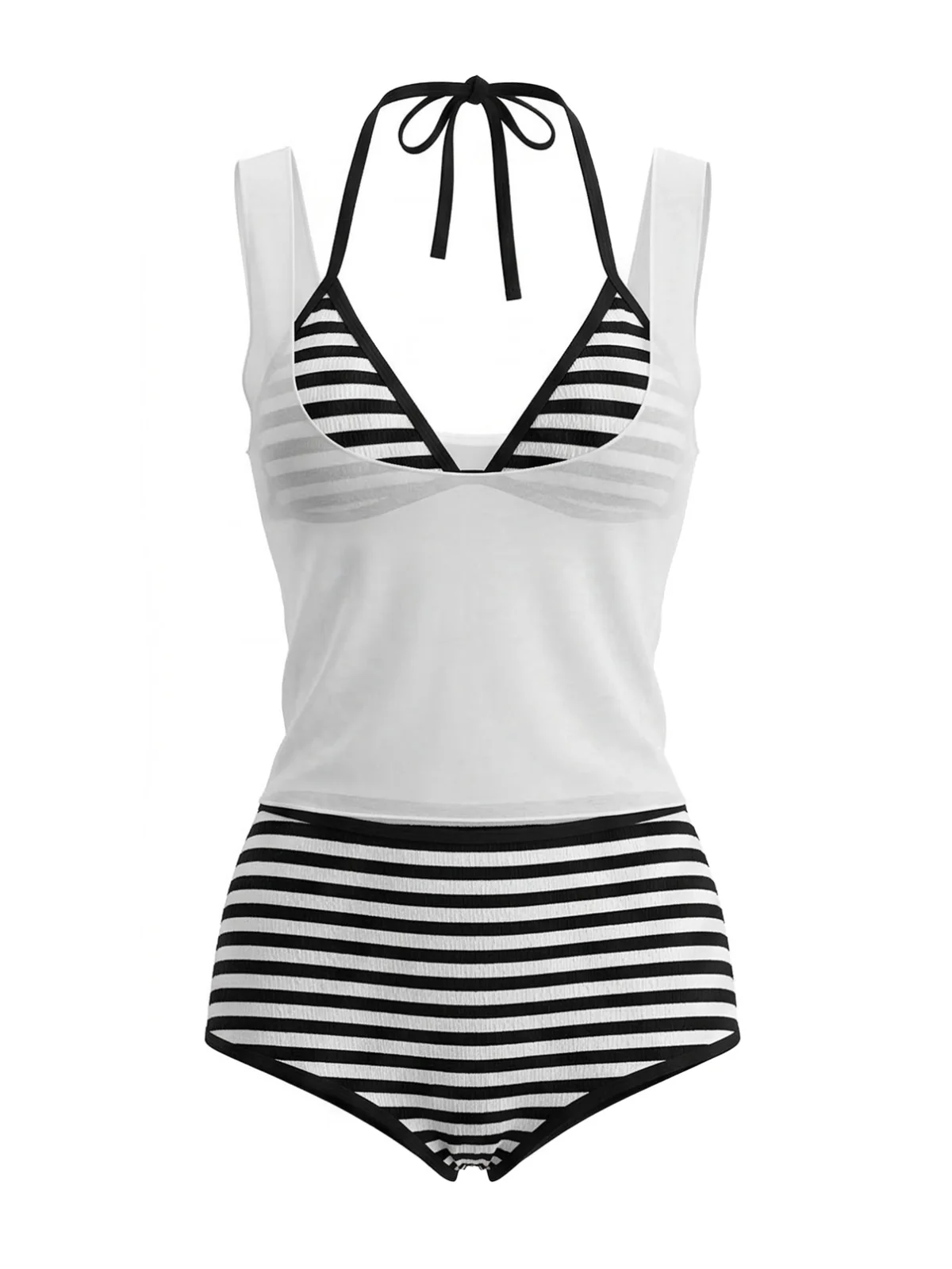 3PCS 1980s Striped Bikini Set & Sheer Cover-Up Tank