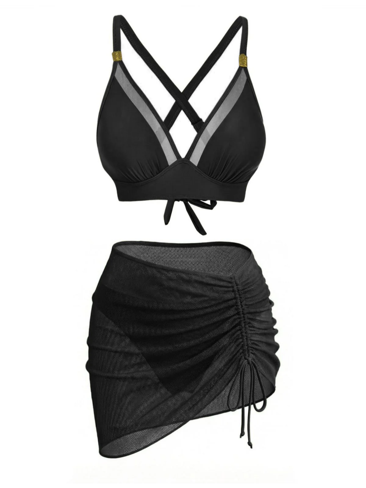 3PCS Black 1950s Solid Metal Button Bikini Set