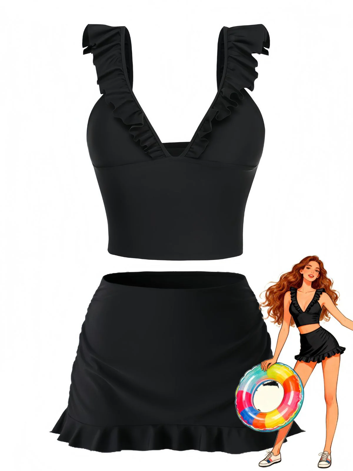 3PCS Black 1950s V-Neck Ruffled Bikini Skirt