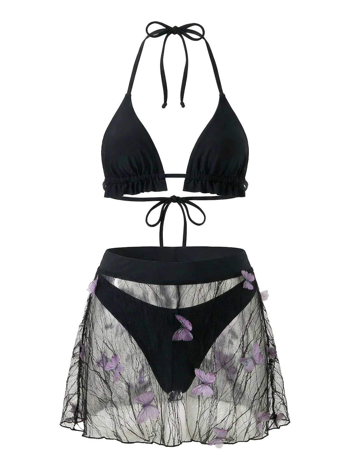 3PCS Black 1980s Butterfly Mesh Bikini Set & Cover-Up