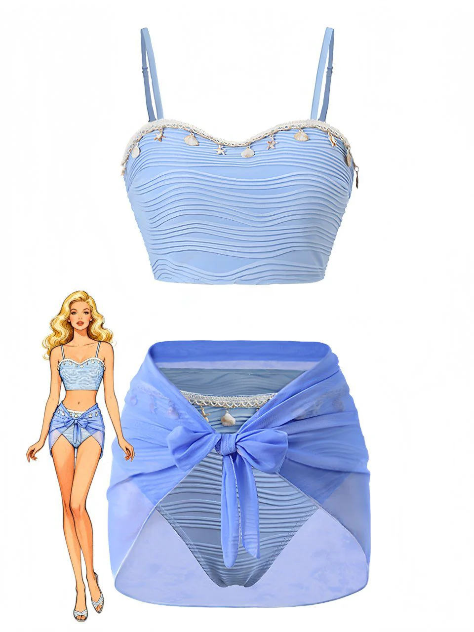 3PCS Blue 1940s Shell Special Fabric Bikini Set