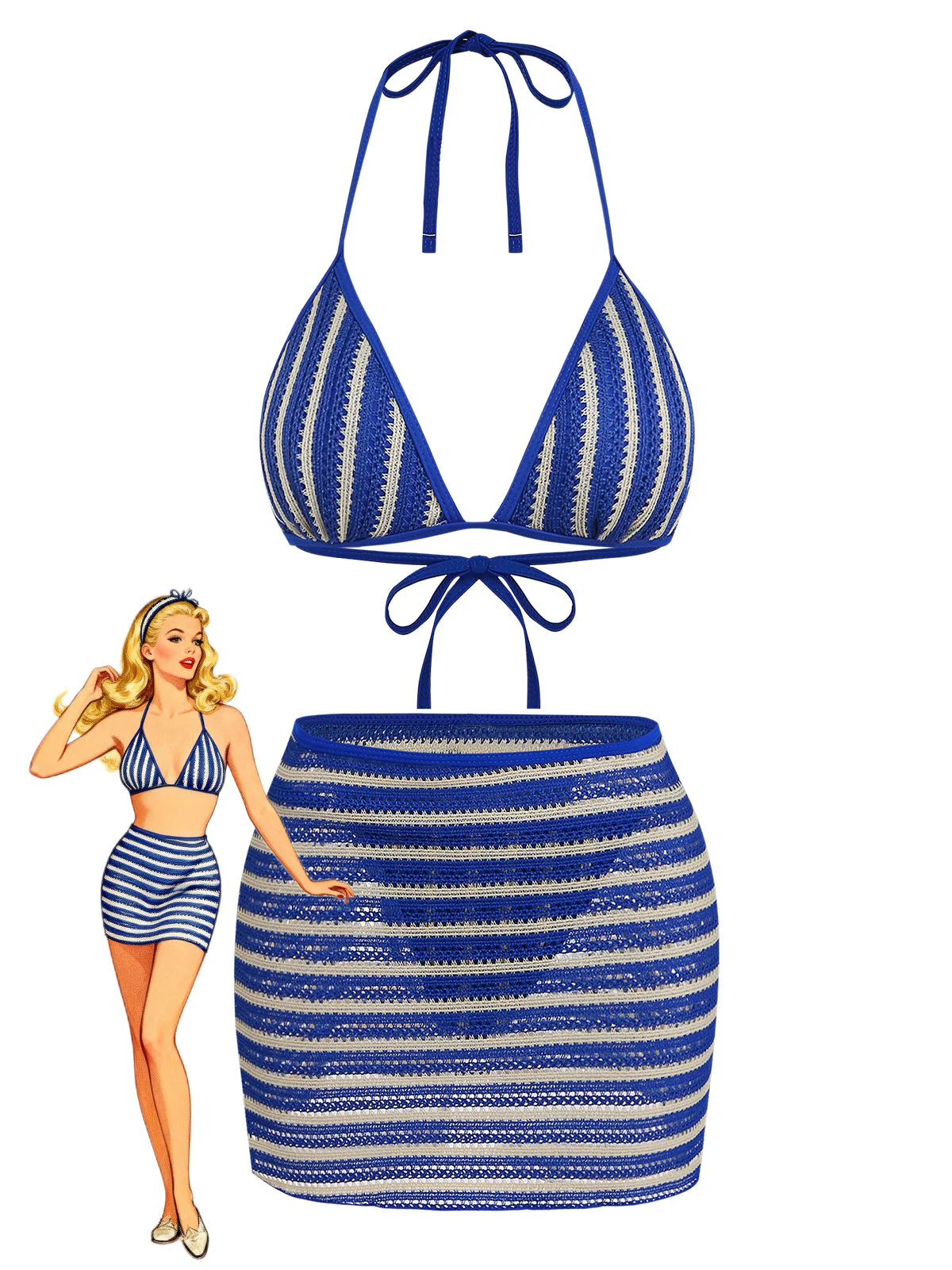 3PCS Blue 1960s Halter Striped Bikini Set & Cover Up