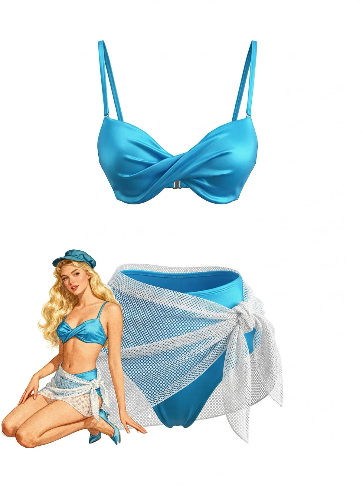 3PCS Blue 1980s Solid Shiny Satin High Waist Bikini & Mesh Cover-Up