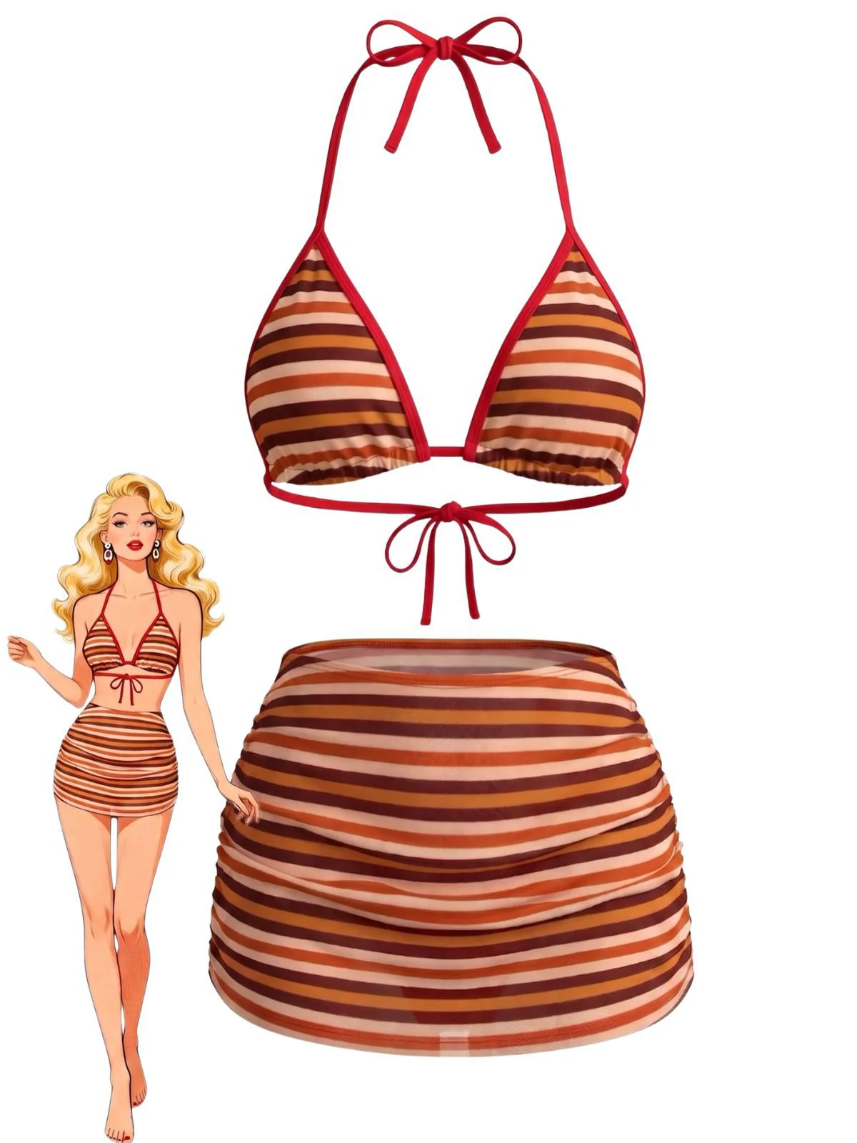 3PCS Brown 1960s Stripe Halter Bikini Set & Ruched Skirt
