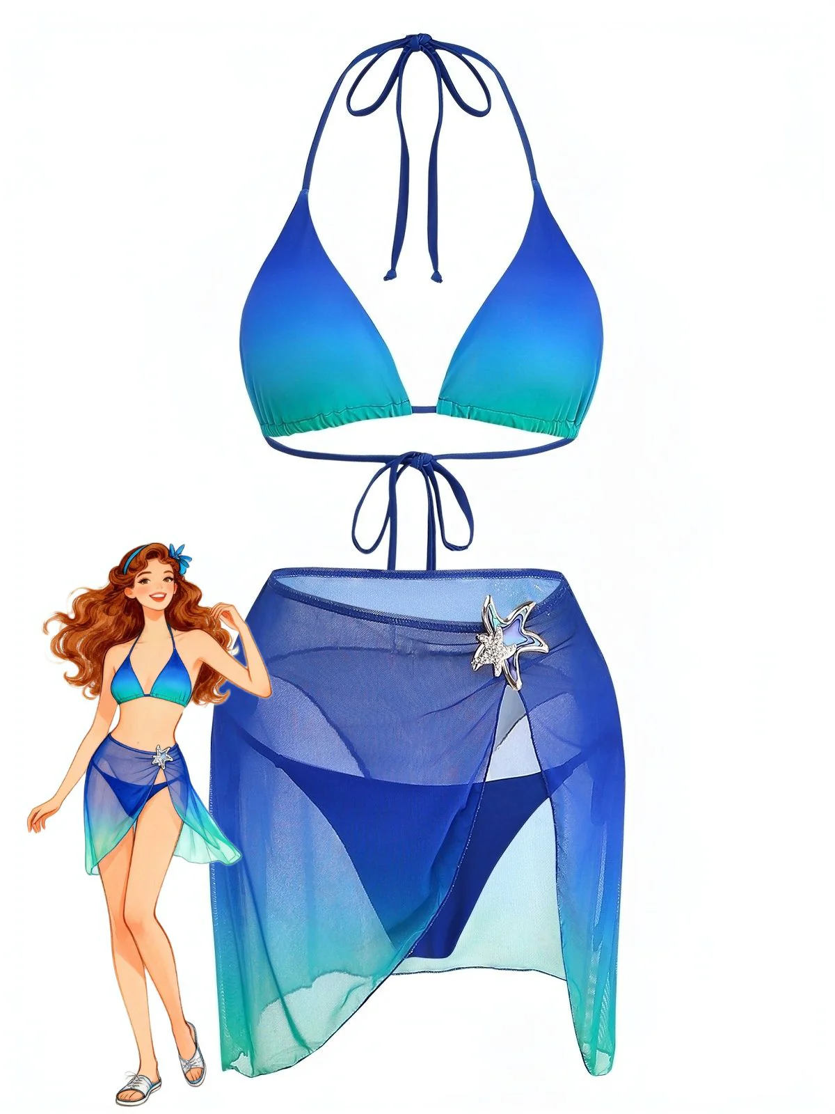 3PCS Dark Blue 2000s Gradient Triangle Bikini Set & Cover-Up