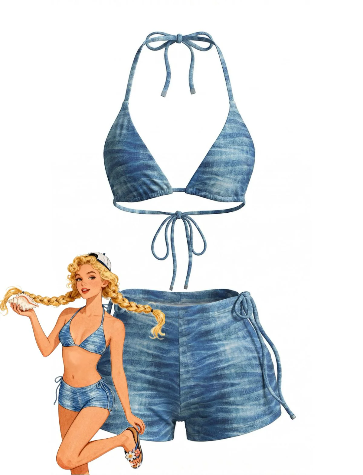 3PCS Light Blue 1980s Denim Plunging Trunks Bikini Set & Shorts