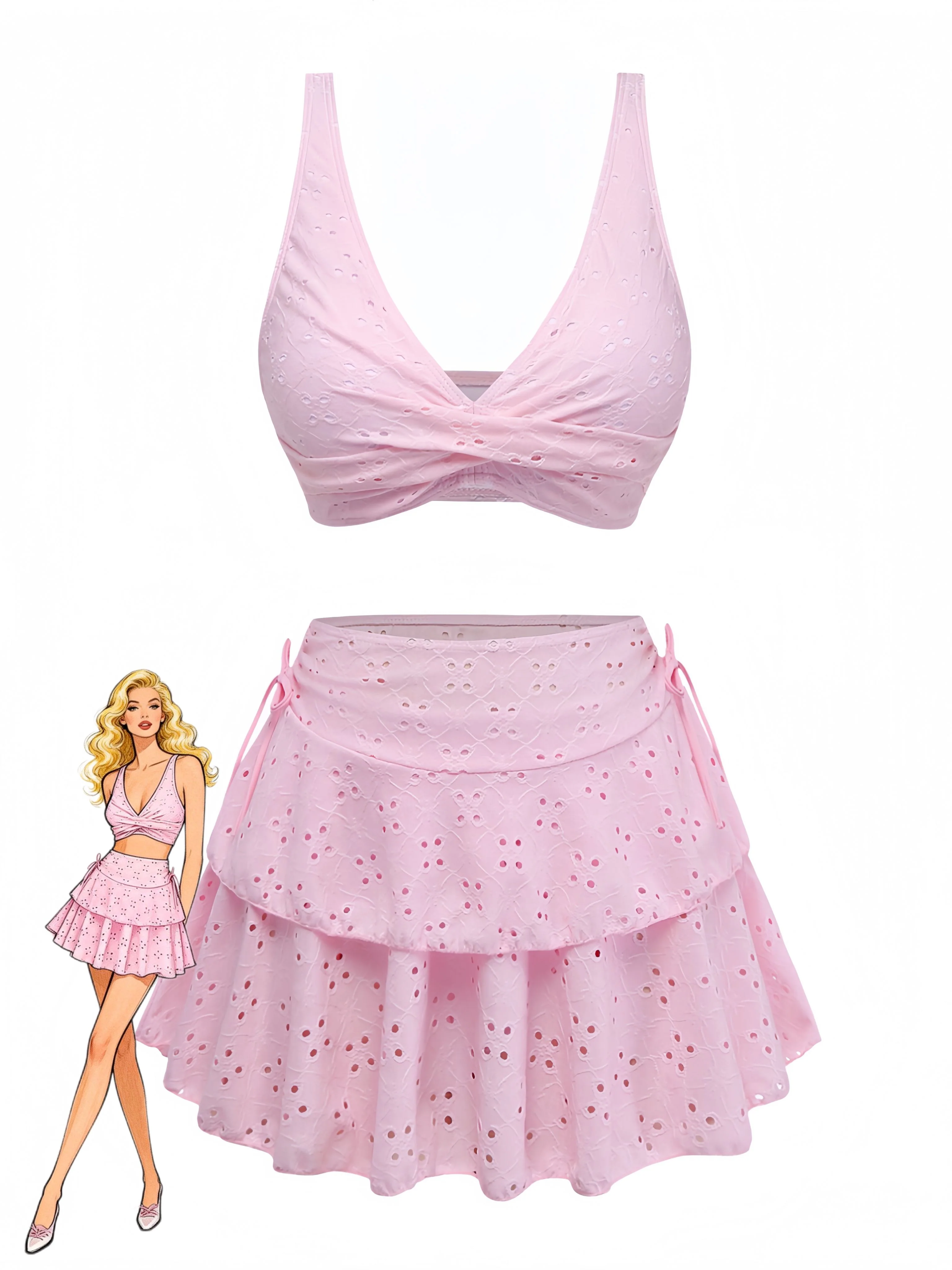3PCS Pink 1940s Eyelet Bikini Set & Ruffled Skirt