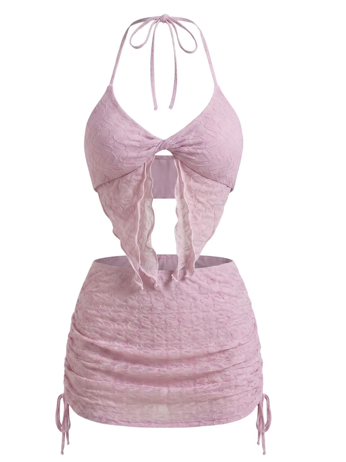 3PCS Pink 1950s Halter Pleated Twist Bikini Set & Cover-Up