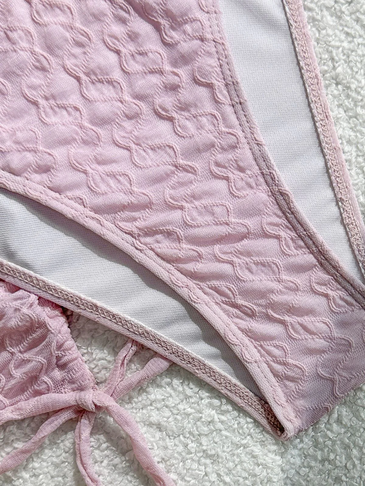3PCS Pink 1950s Halter Pleated Twist Bikini Set & Cover-Up - Image 3