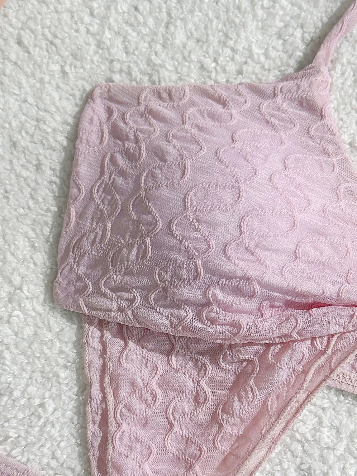 3PCS Pink 1950s Halter Pleated Twist Bikini Set & Cover-Up - Image 4