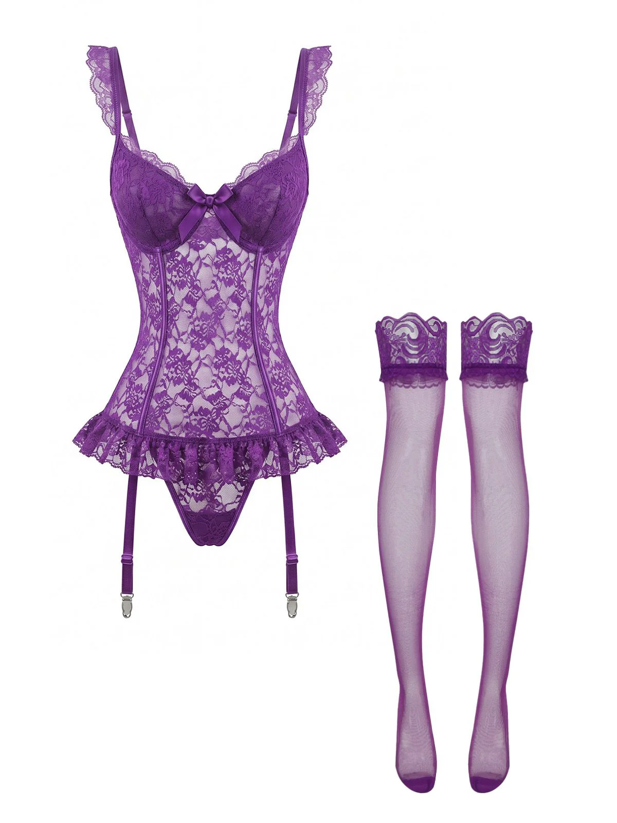 3PCS Purple 1980s Lace Lingerie Set with Stockings - Image 2