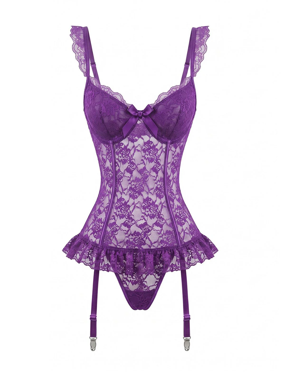 3PCS Purple 1980s Lace Lingerie Set with Stockings - Image 3