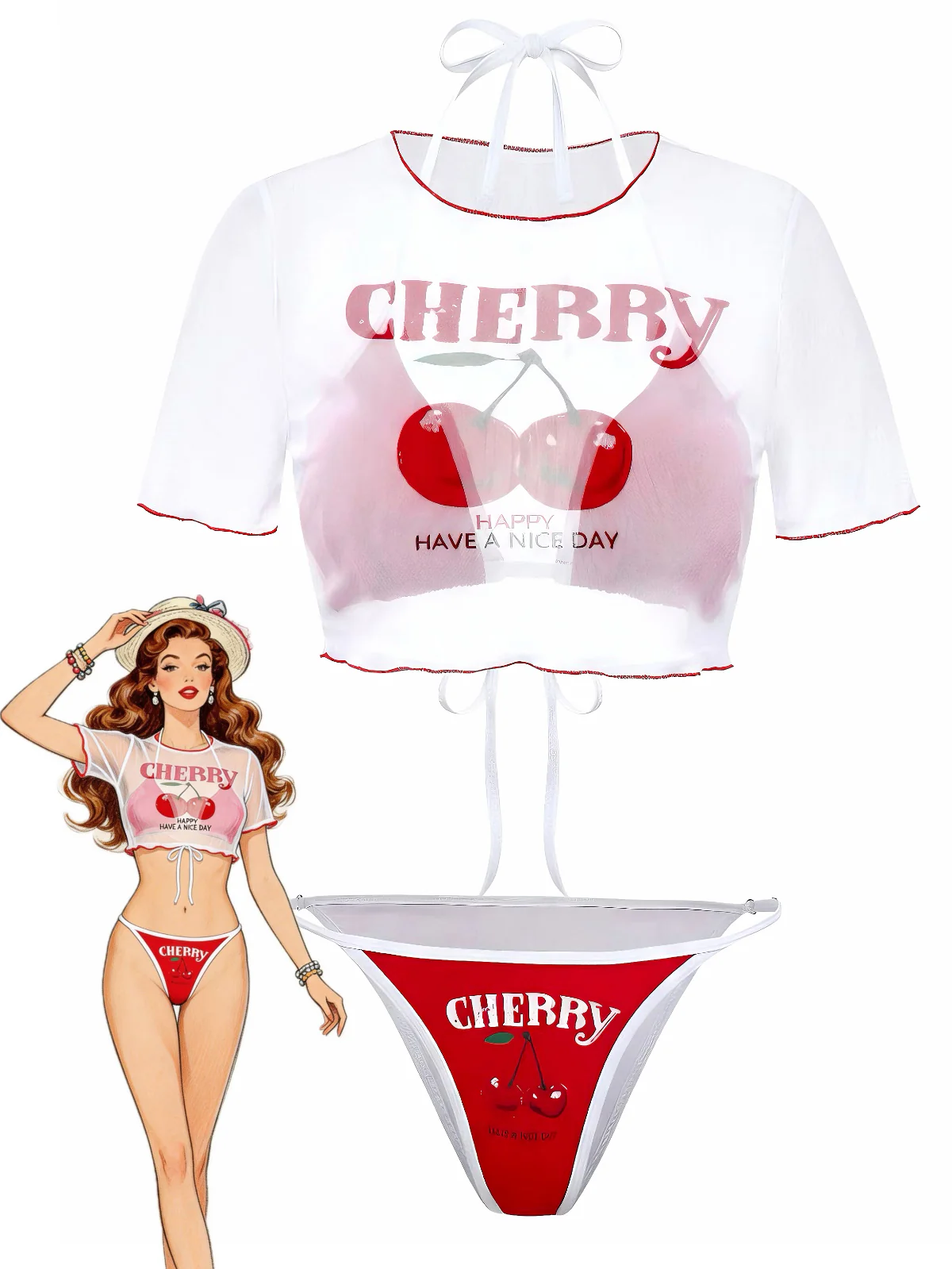 3PCS Red 1950s Cherry Print Tie-Up Bikini Set