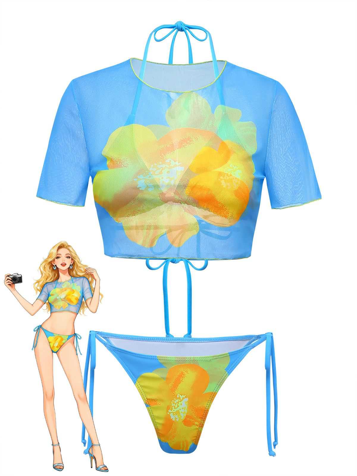 3PCS Sky Blue 1960s Floral Bikini Set & Crop Top