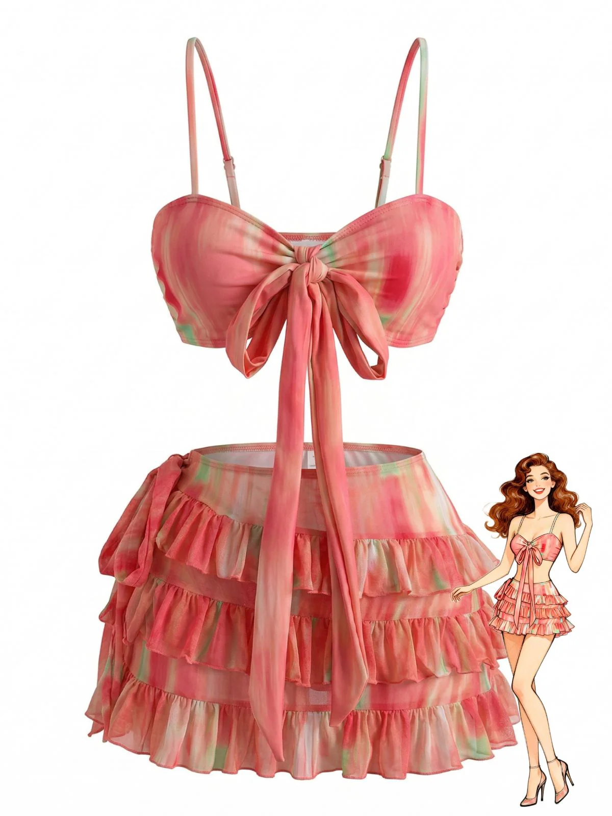 3PCS Watermelon Red 1960s Bikini Set & Tiered Ruffle Cover-up