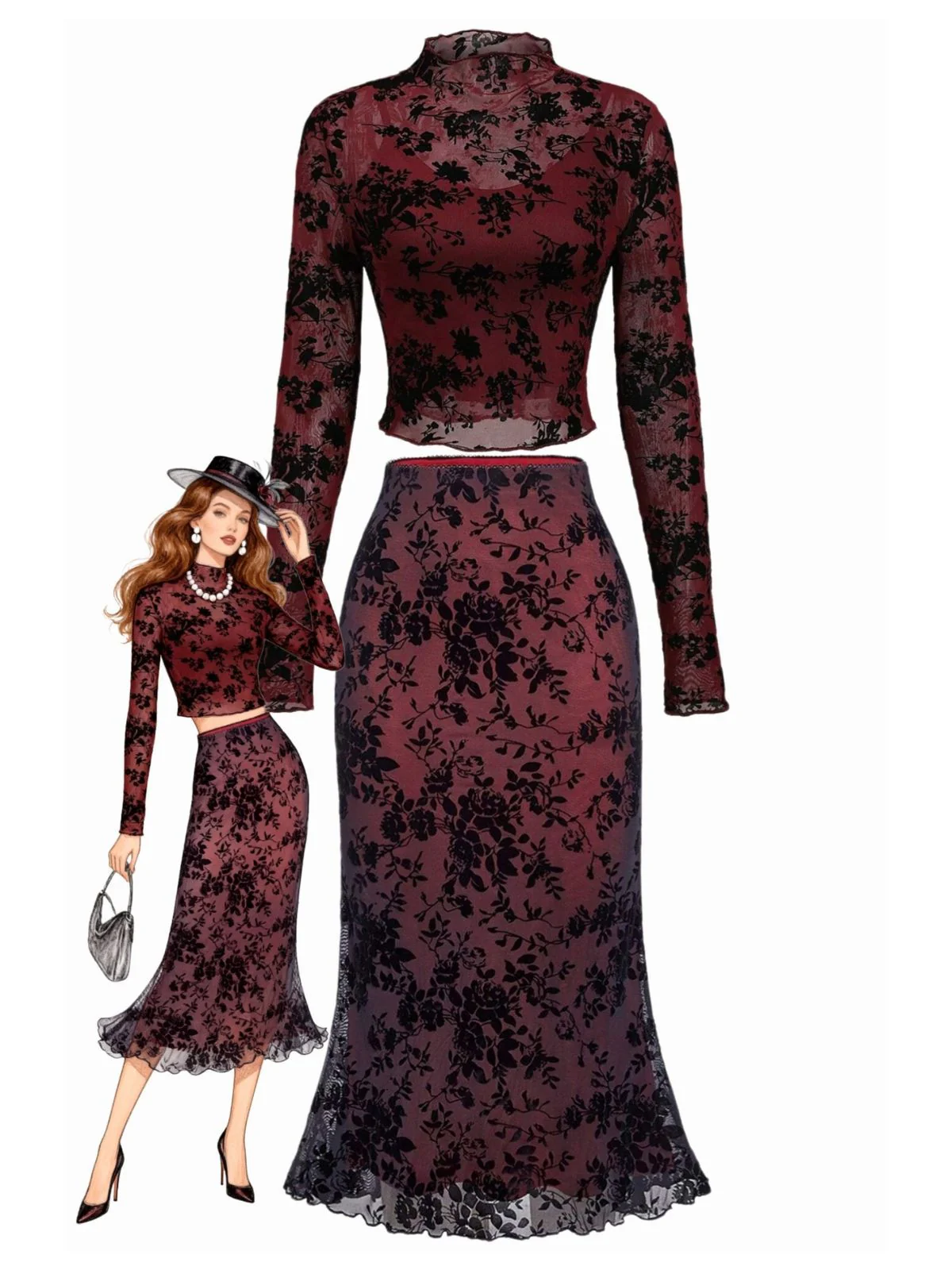 3PCS Wine Red 1930s Flocked Floral Sheer Set