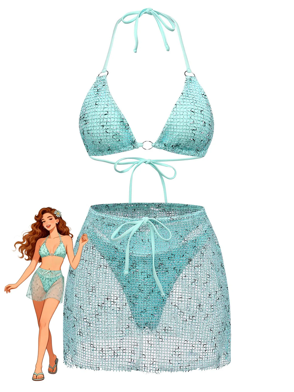 3PCS Y2K Crochet Sequin Halter Tie Triangle Bikini Set & Cover-Up