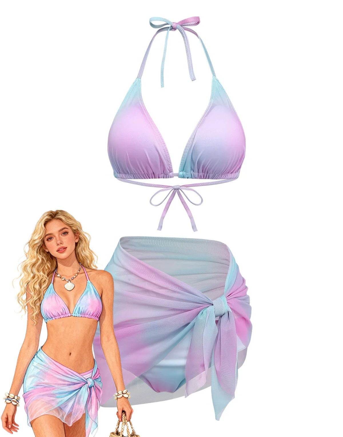 [Pre-Sale] 3PCS Y2K Halter Ombre Bikini Set & Cover-Up