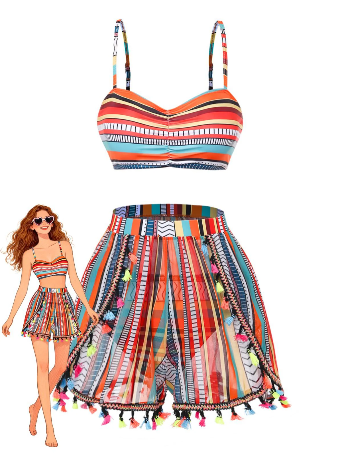 4PCS 1970s Boho Striped Bikini & Fringe Cover-Up Set - Image 5