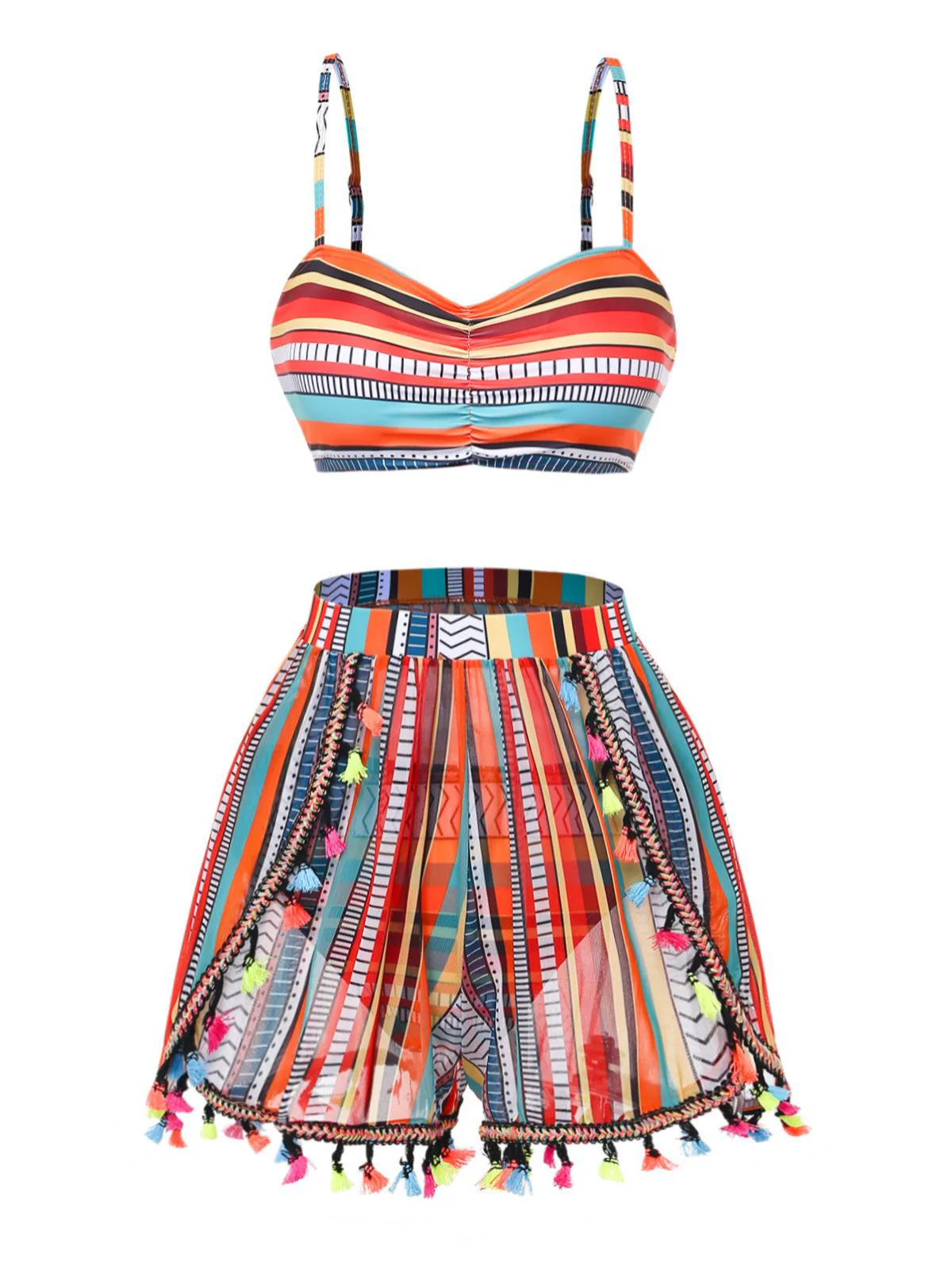 4PCS 1970s Boho Striped Bikini & Fringe Cover-Up Set - Image 6