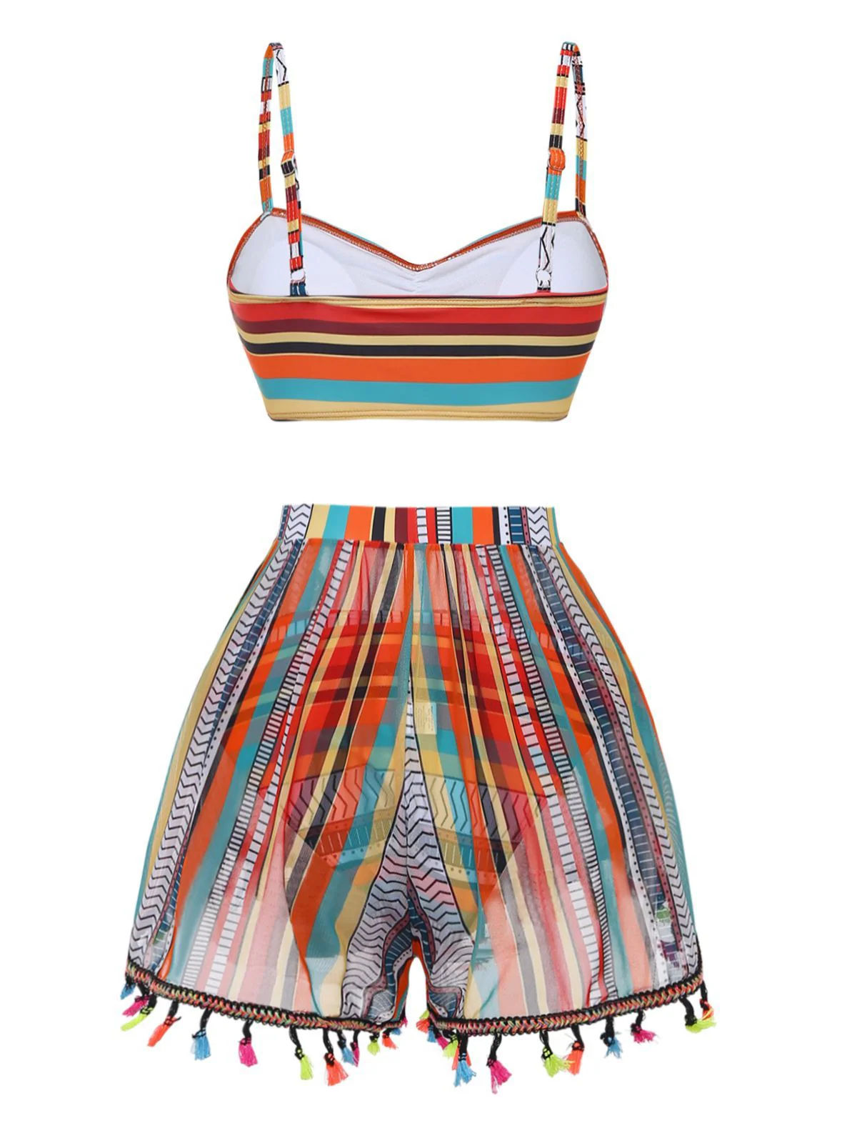 4PCS 1970s Boho Striped Bikini & Fringe Cover-Up Set - Image 7