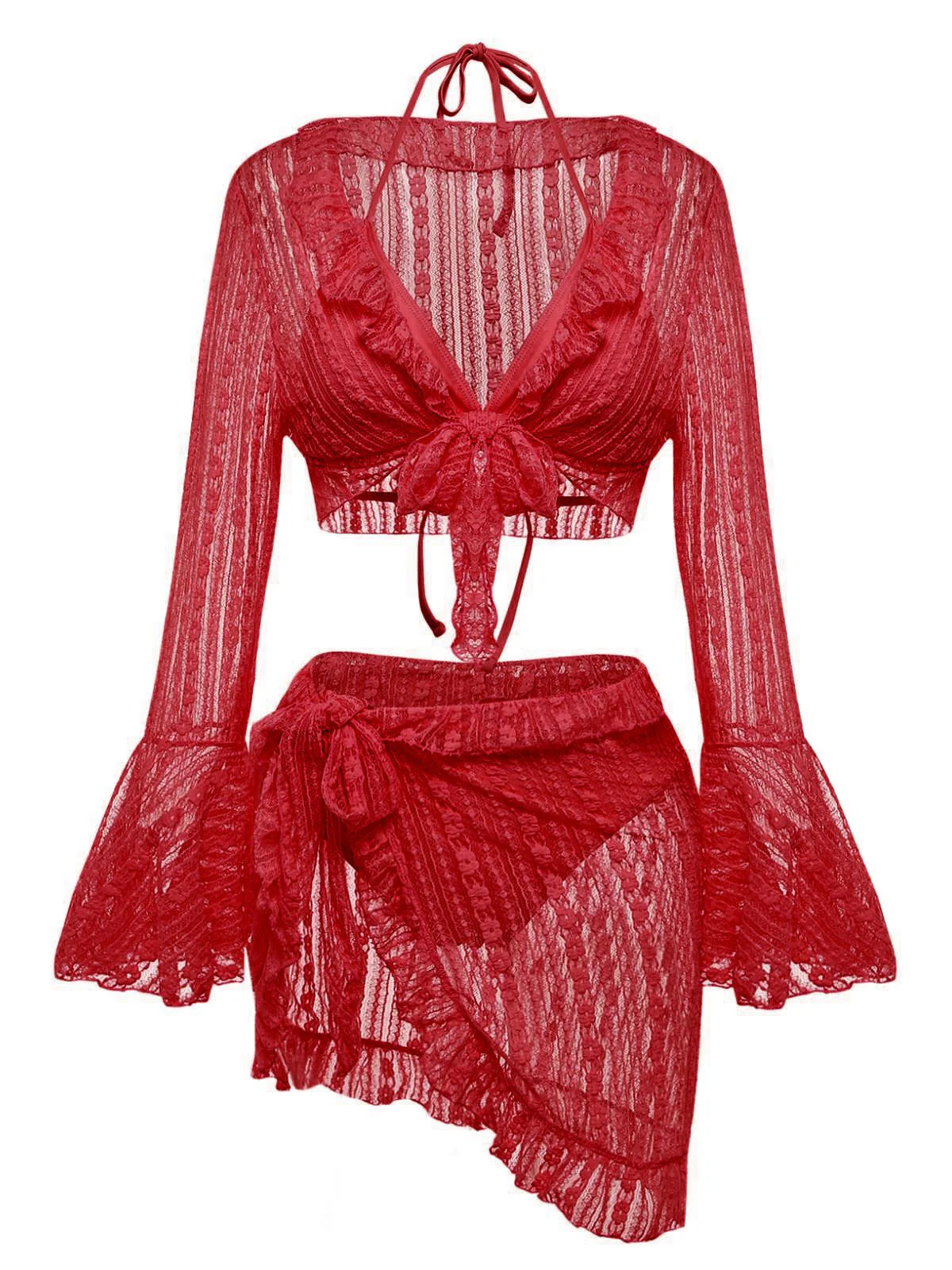 4PCS 1970s Halter Bikini Set & Sheer Bell Sleeve Cover-Up - Image 14
