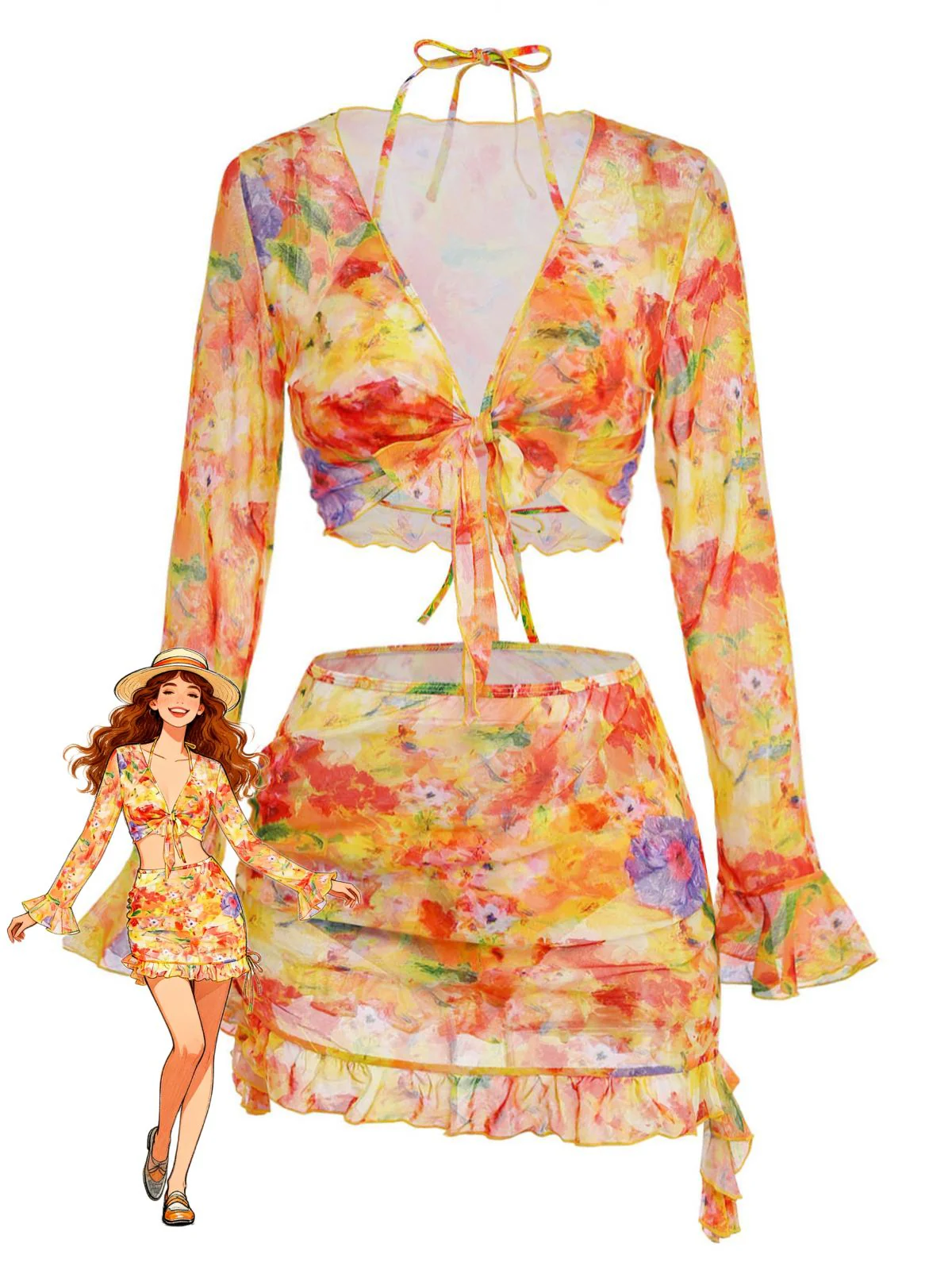 4PCS Orange 1960s Halter Floral Bikini & Mesh Cover-Up Set