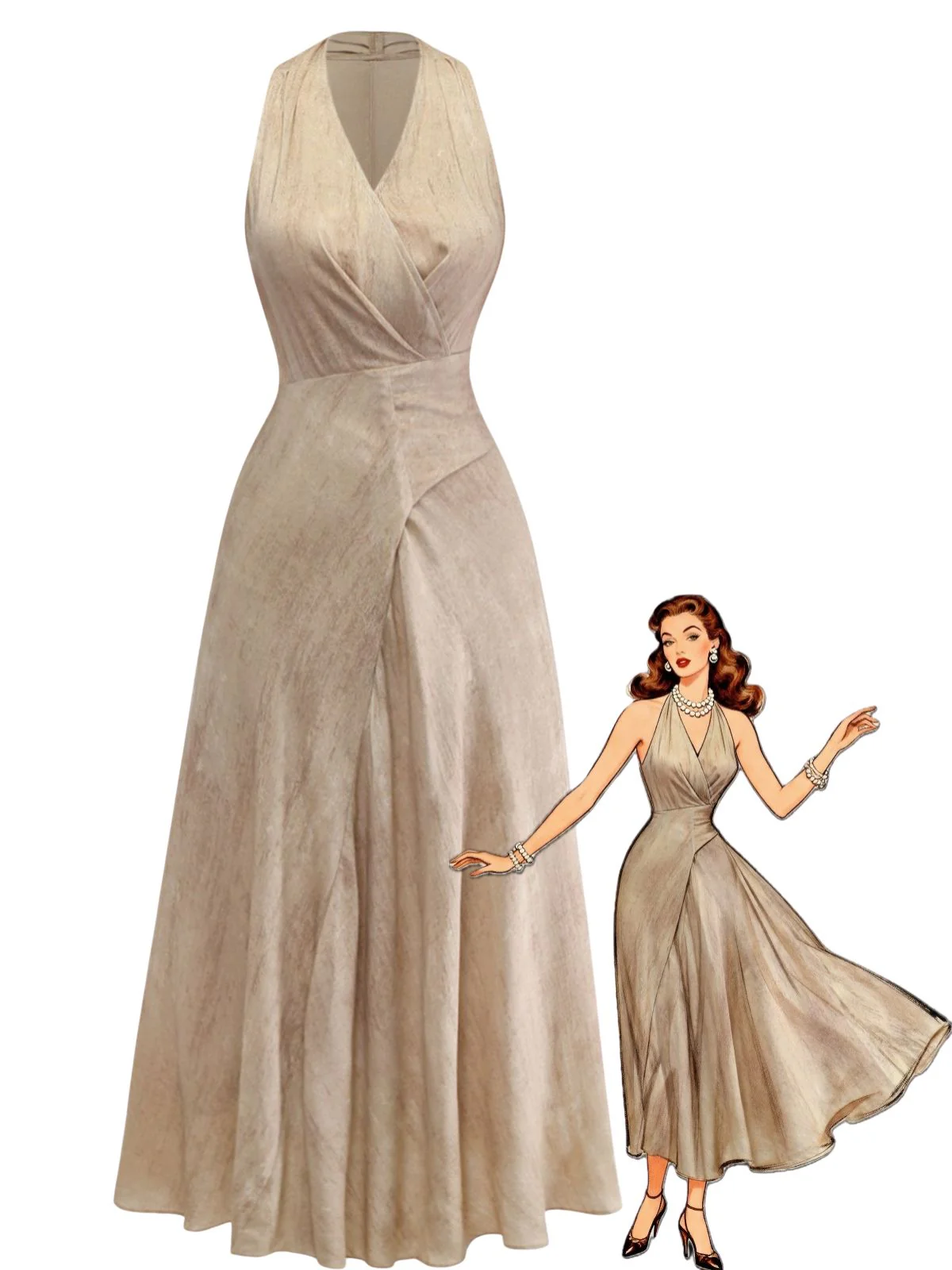 Apricot 1940s Linen V-Neck Sleeveless Belted Maxi Dress