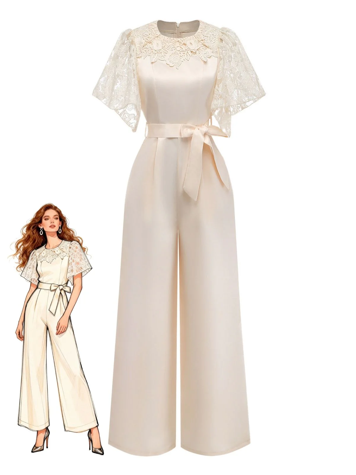 Apricot 1950s Floral Lace Satin Bow Belt Jumpsuit
