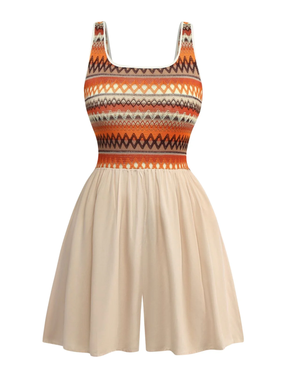 Apricot 1970s Boho Square Neck Patchwork Romper