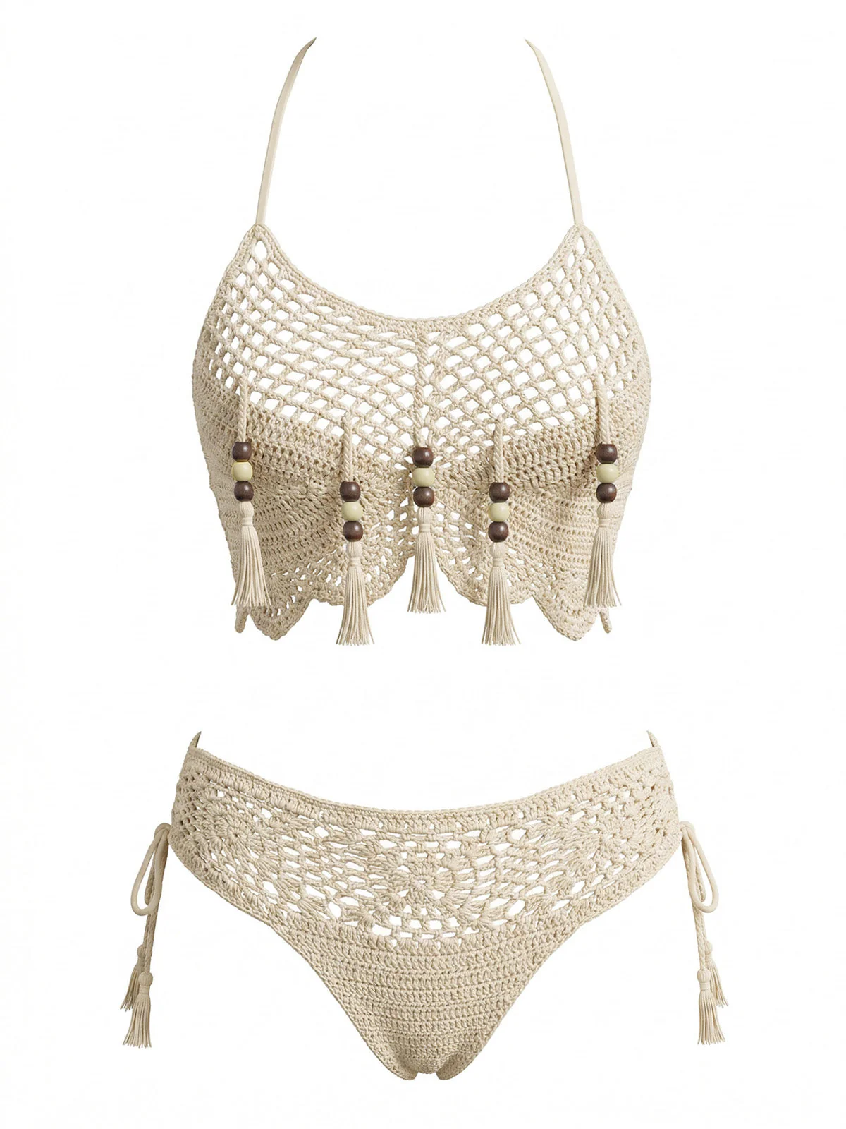 Apricot 1970s Crochet Beaded Tassel Bikini Set