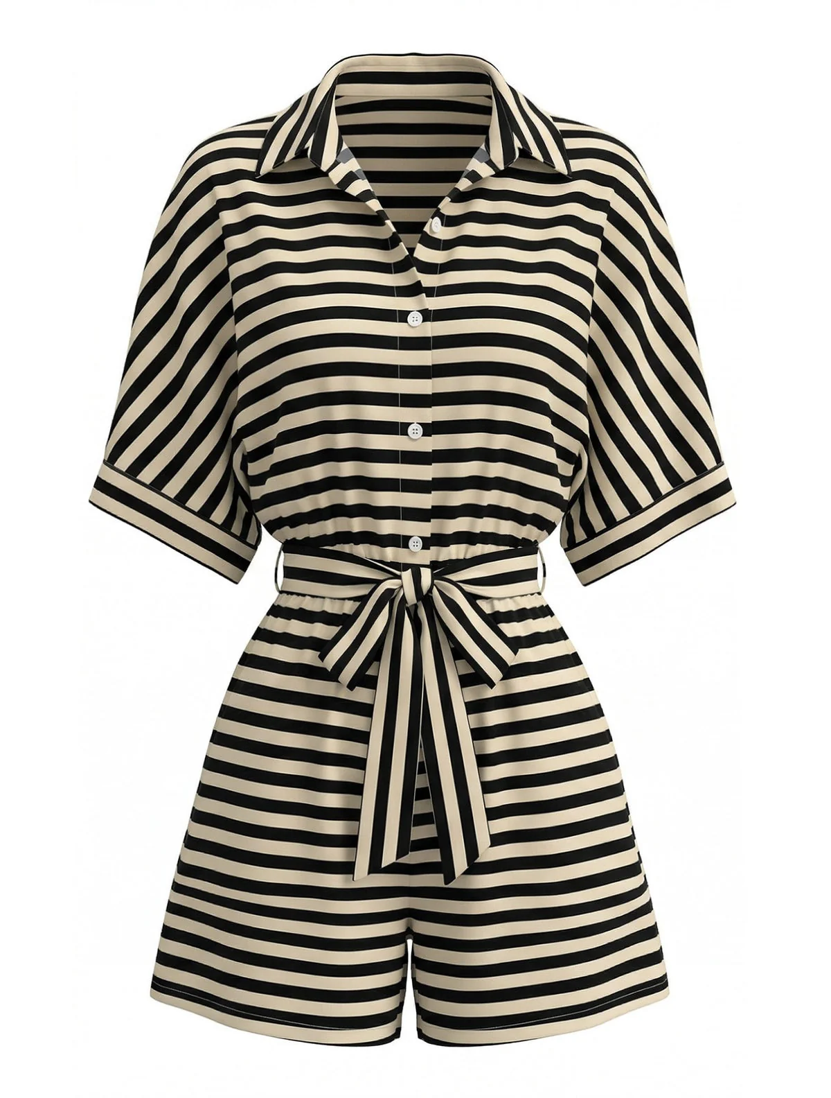 Apricot & Black 1980s Striped Lapel Belted Romper - Image 2