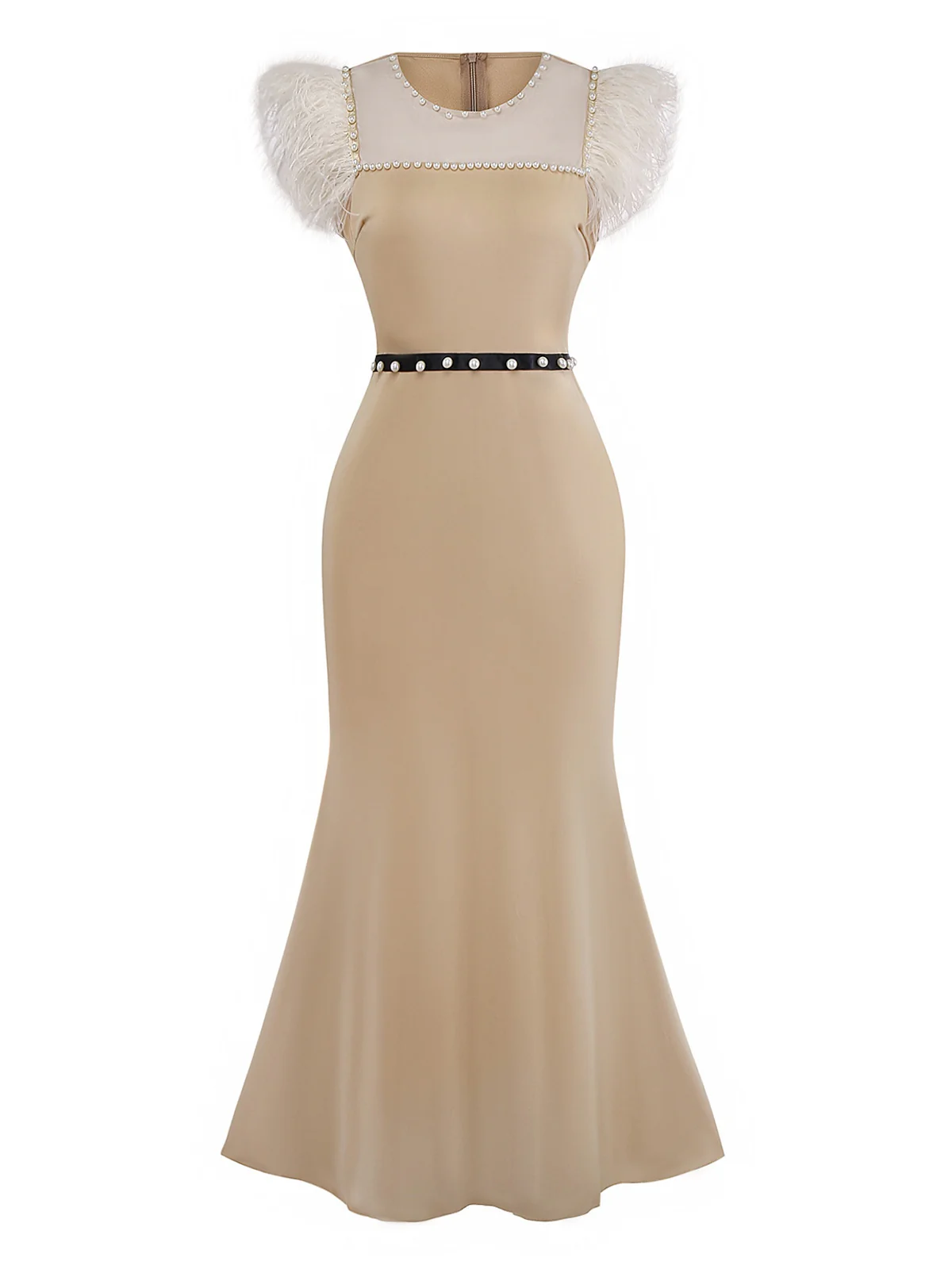 Beige 1930s Beaded & Feather Patchwork Mermaid Dress