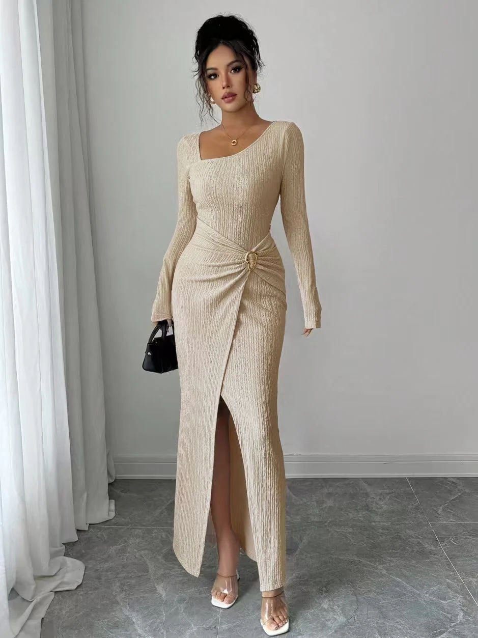 Beige 1930s Ribbed Long Sleeve Split Dress