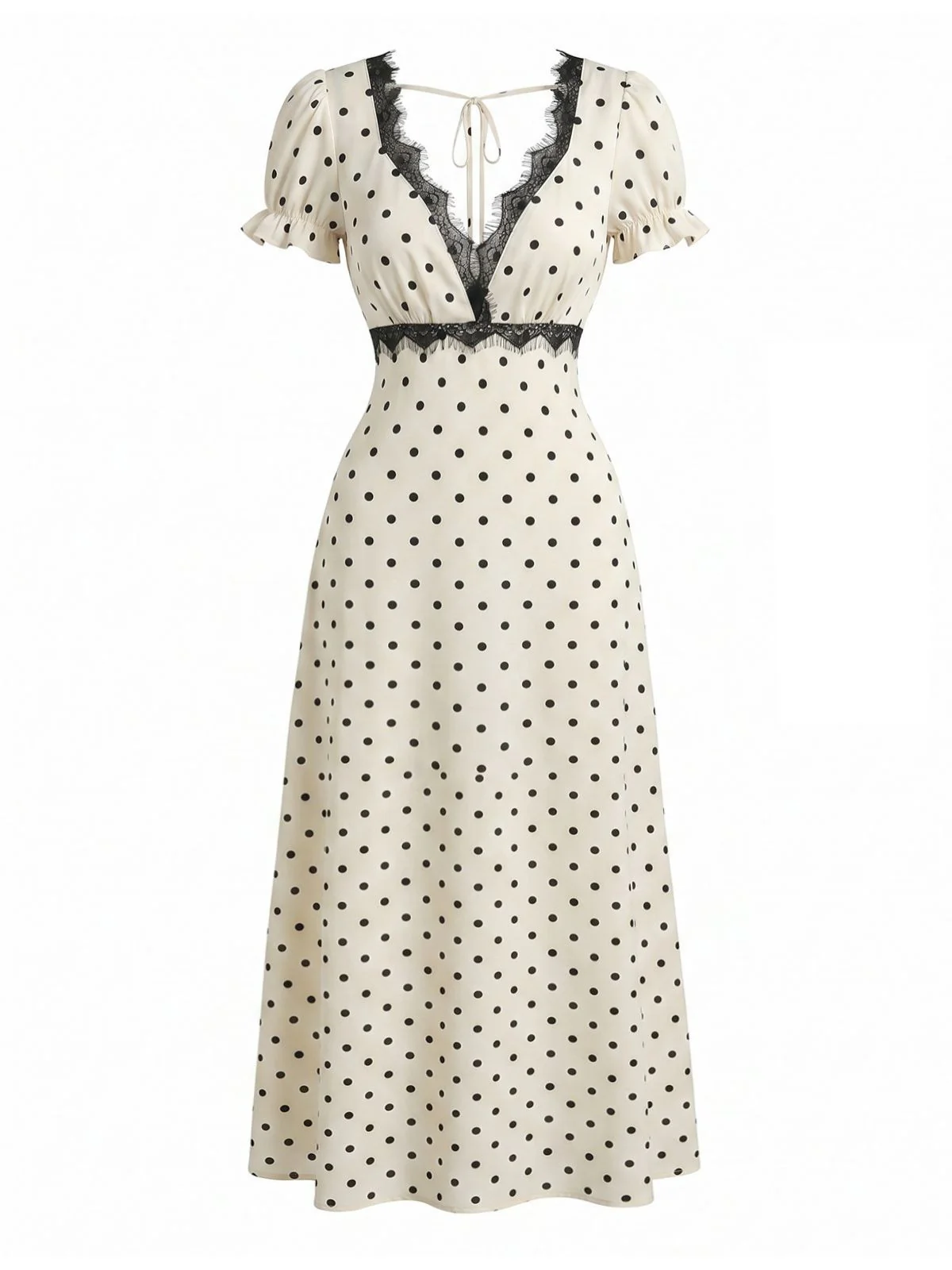 Beige 1930s Satin Polka Dot Lace V-Neck Dress - Image 2