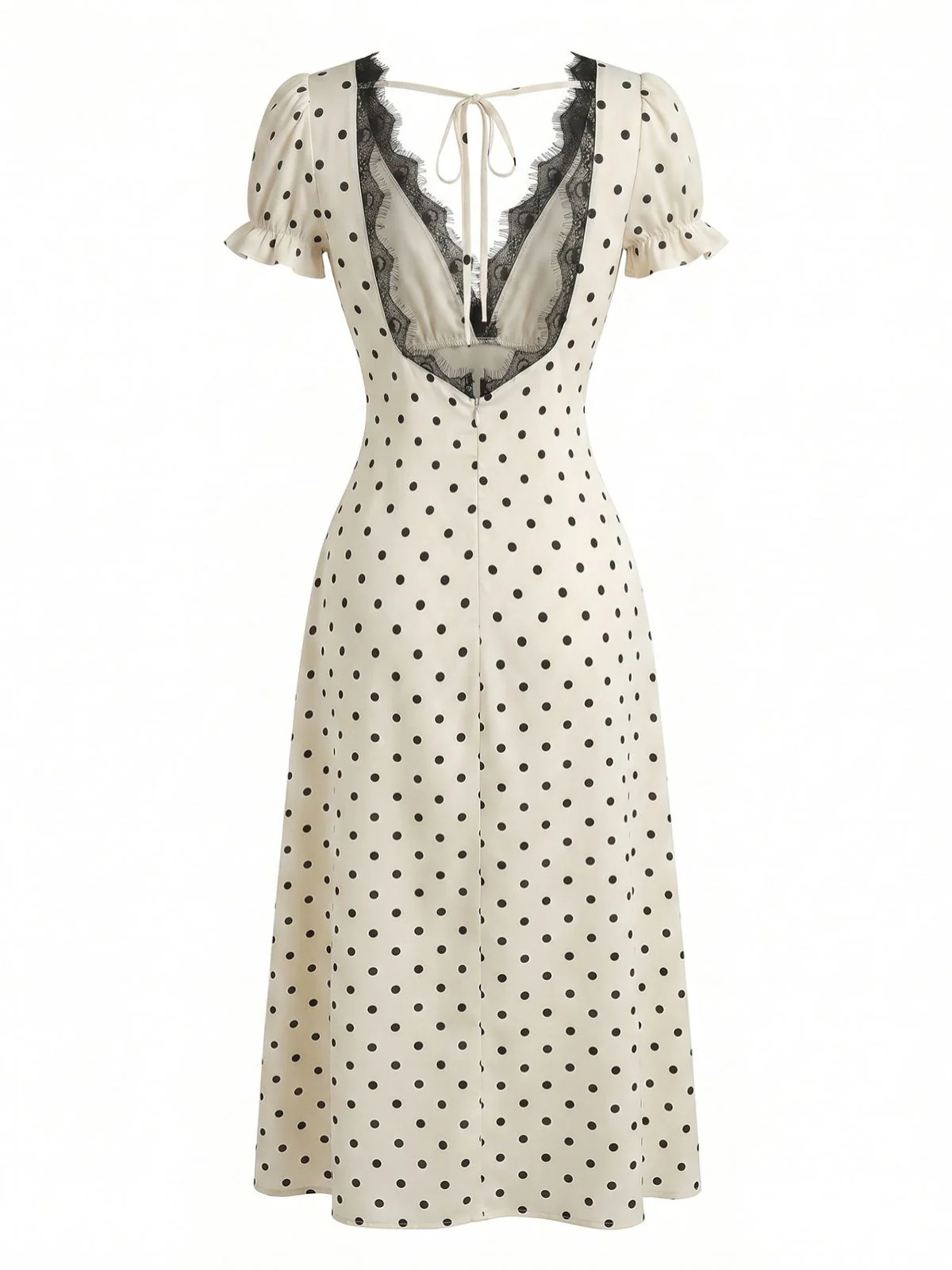 Beige 1930s Satin Polka Dot Lace V-Neck Dress - Image 3