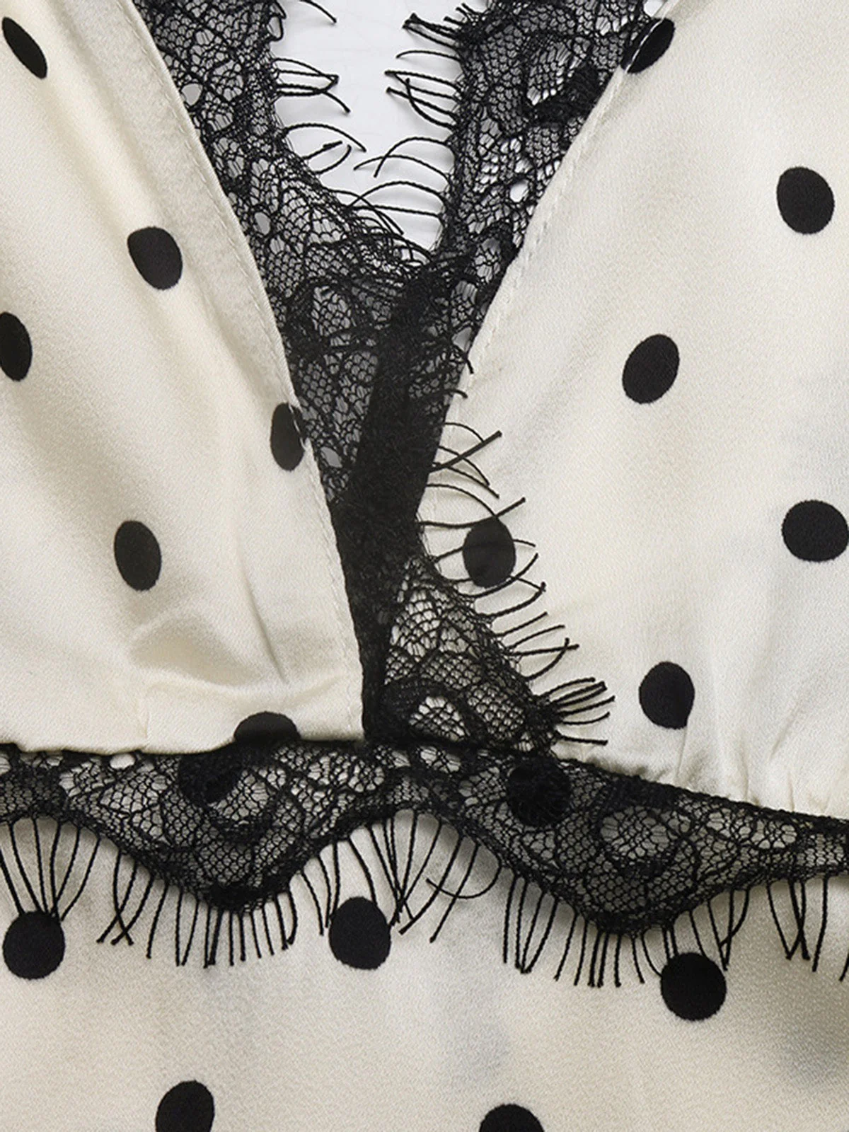 Beige 1930s Satin Polka Dot Lace V-Neck Dress - Image 8