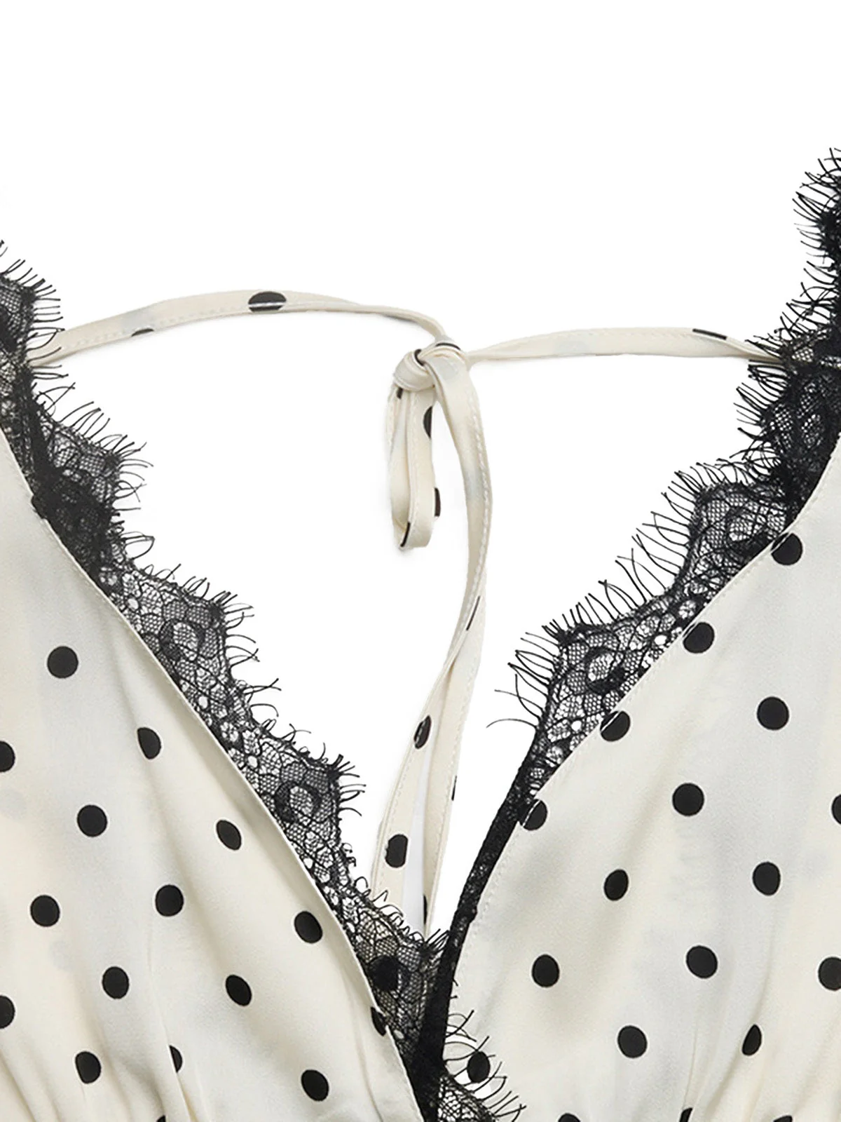 Beige 1930s Satin Polka Dot Lace V-Neck Dress - Image 9